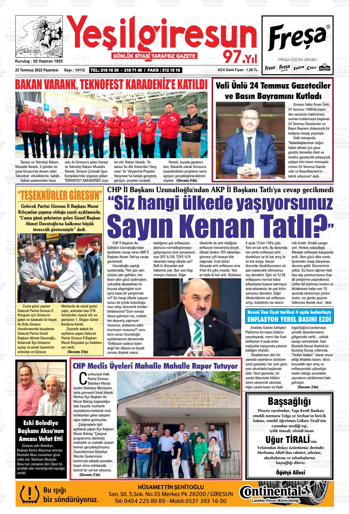 25 Temmuz 2022 Yeşil Giresun Gazete Manşeti