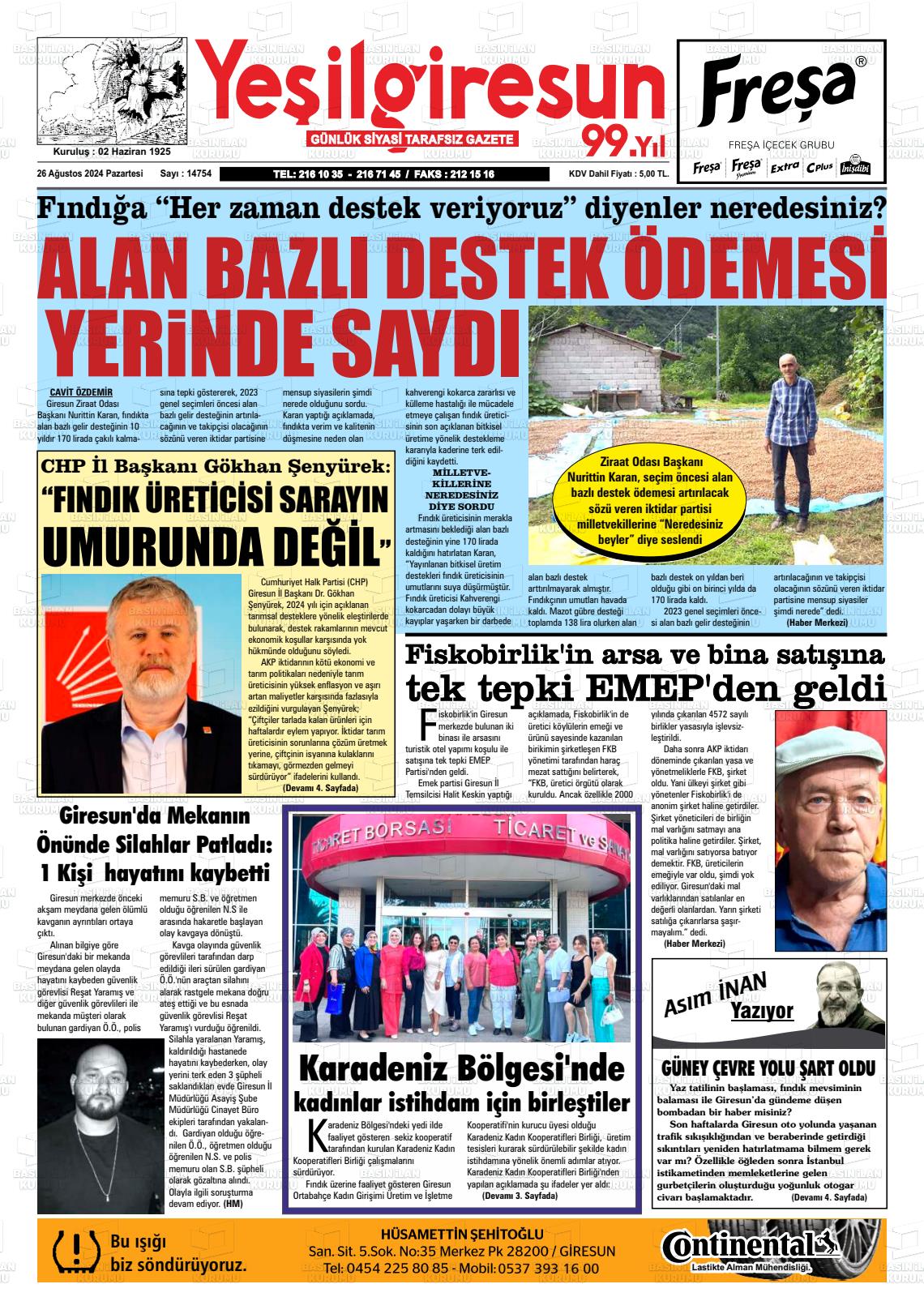 26 Ağustos 2024 Yeşil Giresun Gazete Manşeti