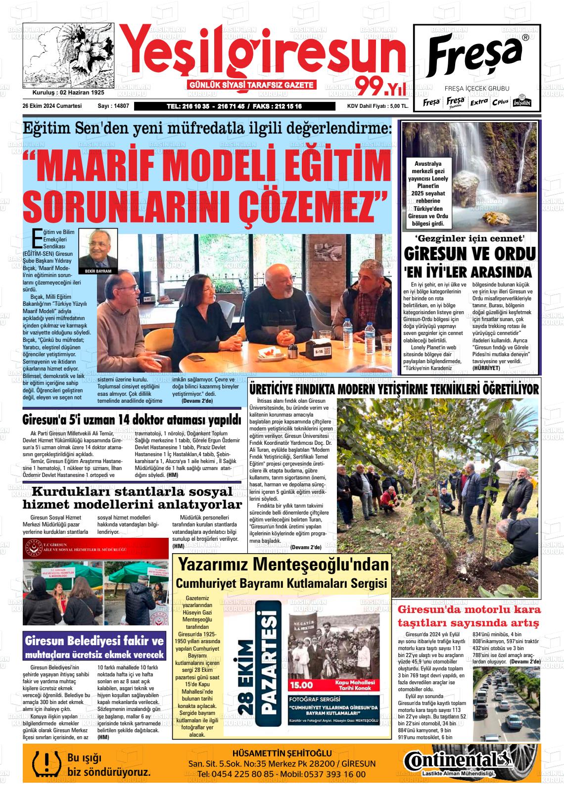 26 Ekim 2024 Yeşil Giresun Gazete Manşeti