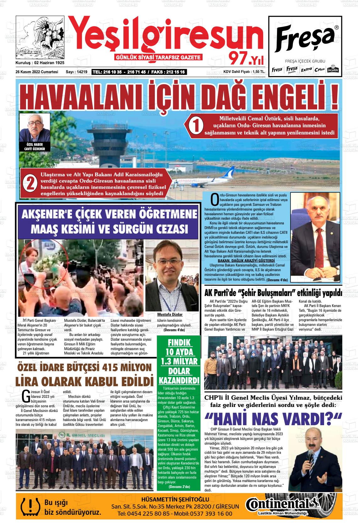 26 Kasım 2022 Yeşil Giresun Gazete Manşeti