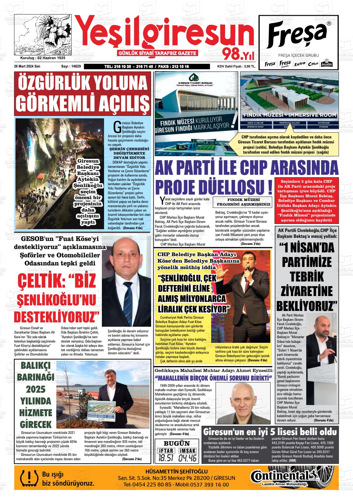 26 Mart 2024 Yeşil Giresun Gazete Manşeti