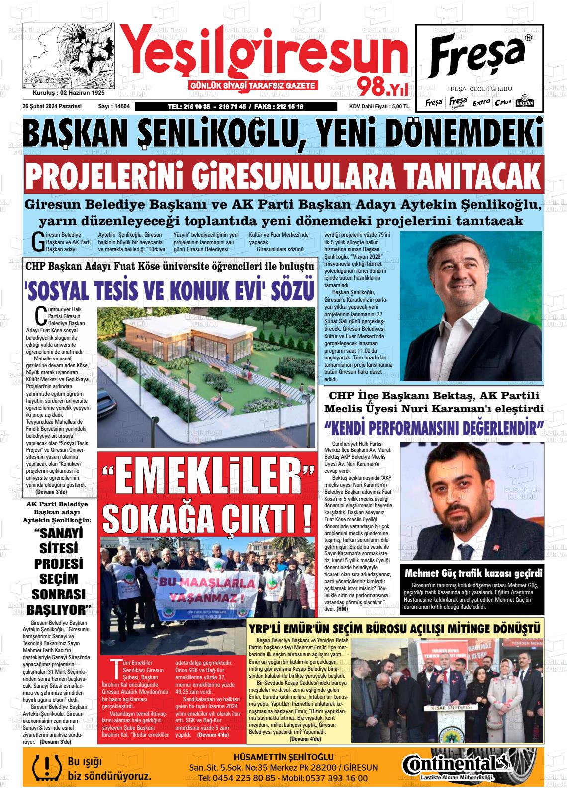 26 Şubat 2024 Yeşil Giresun Gazete Manşeti