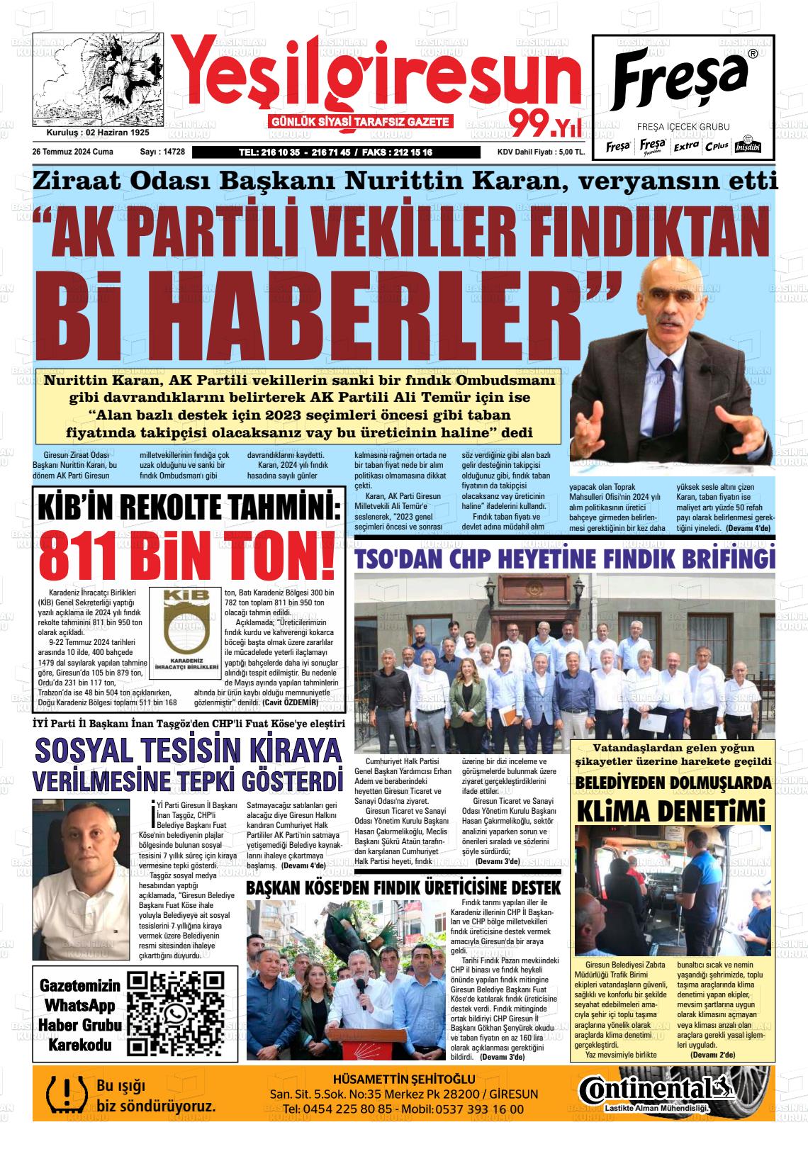 26 Temmuz 2024 Yeşil Giresun Gazete Manşeti