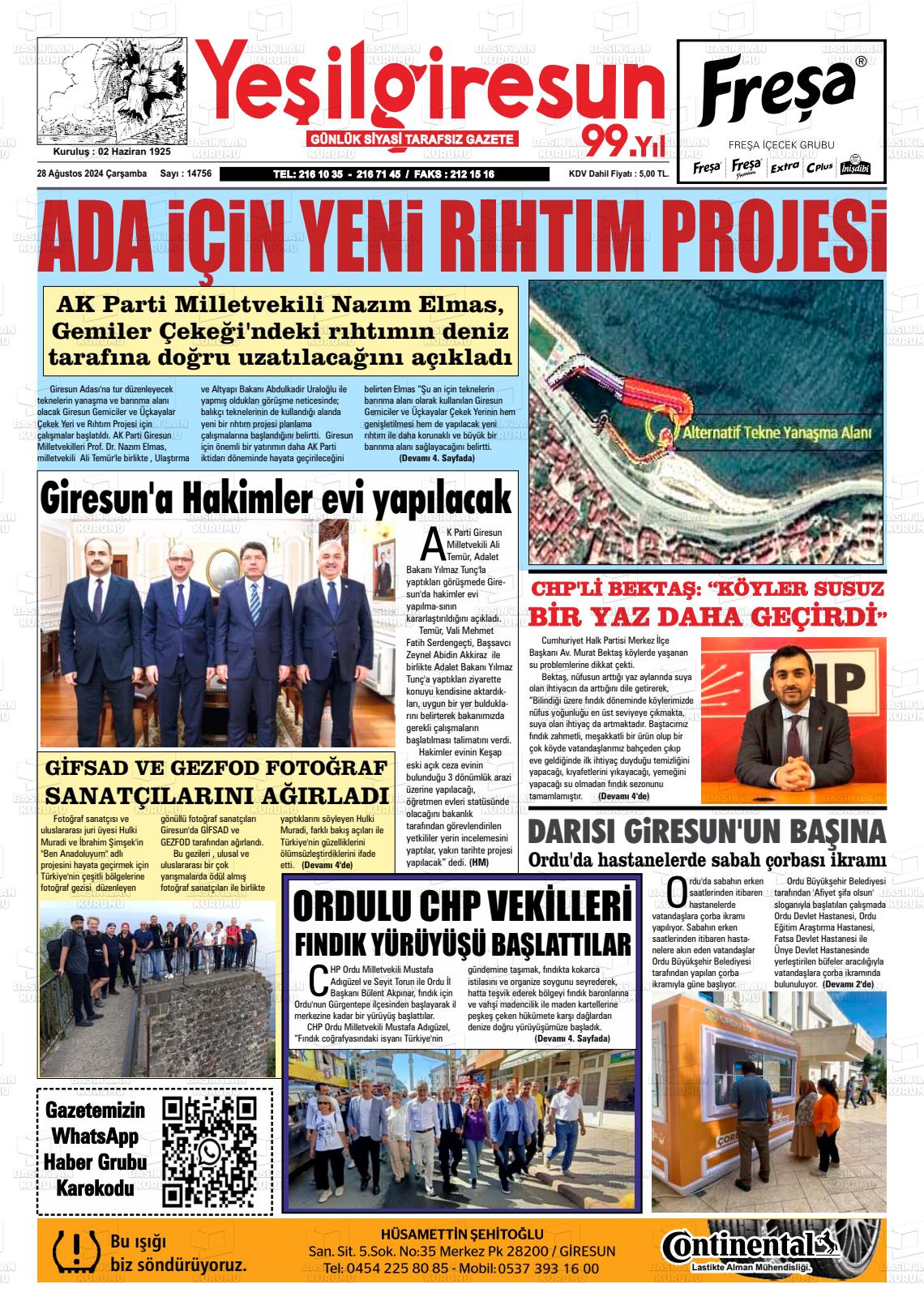 28 Ağustos 2024 Yeşil Giresun Gazete Manşeti