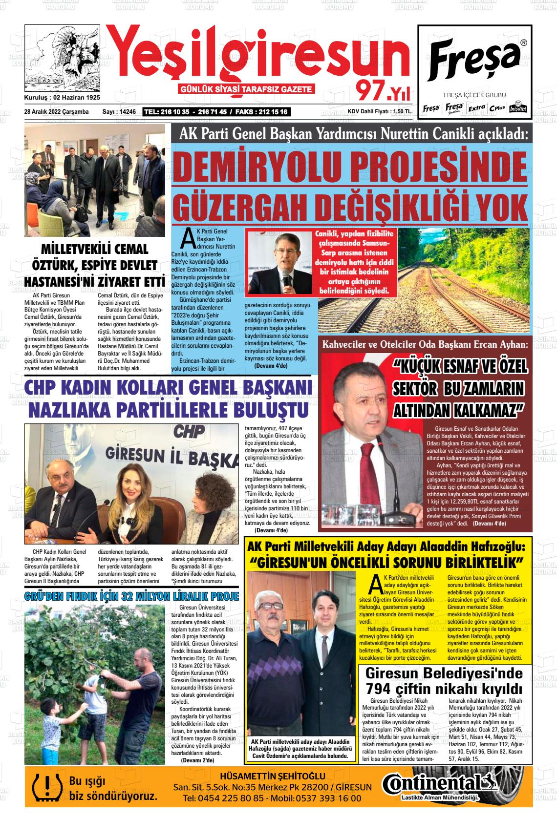 28 Aralık 2022 Yeşil Giresun Gazete Manşeti