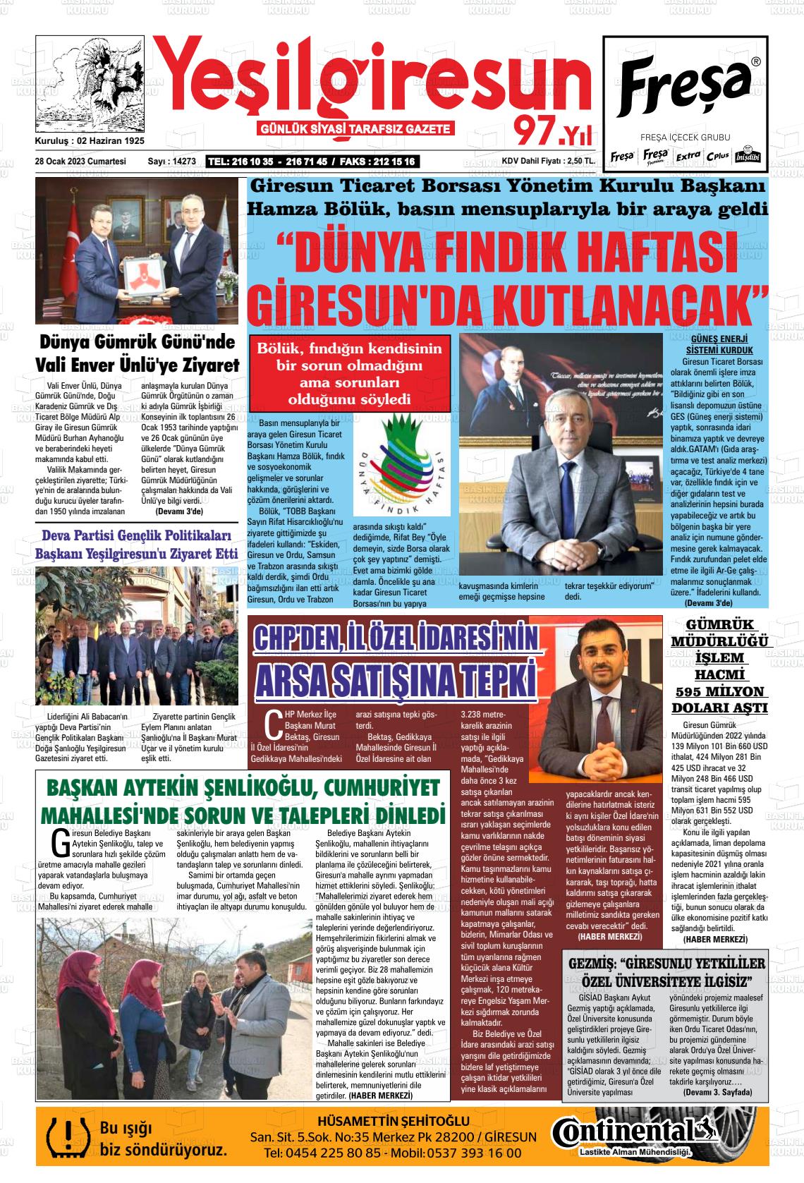 28 Ocak 2023 Yeşil Giresun Gazete Manşeti