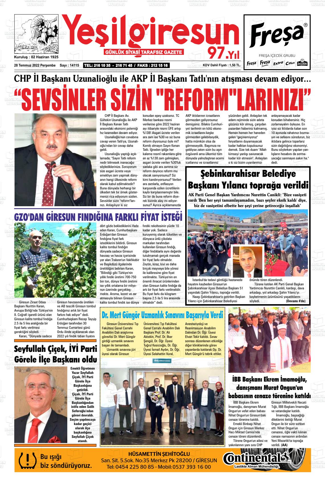 28 Temmuz 2022 Yeşil Giresun Gazete Manşeti