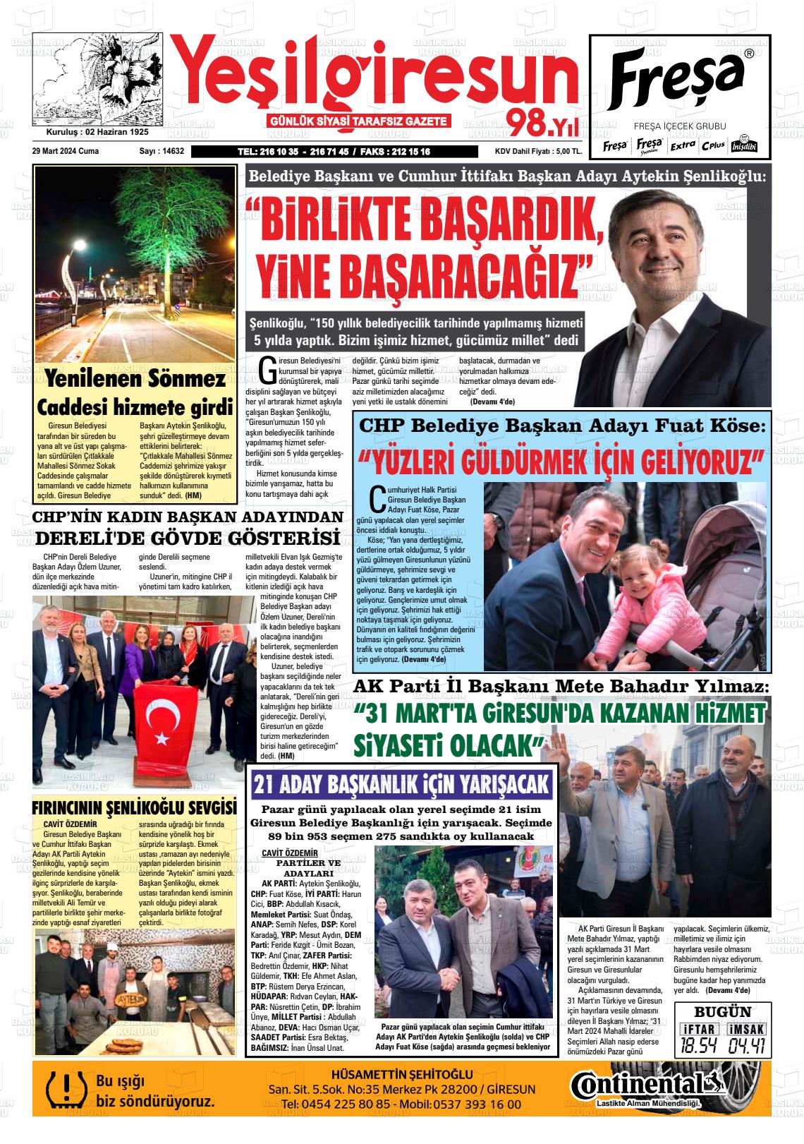 29 Mart 2024 Yeşil Giresun Gazete Manşeti