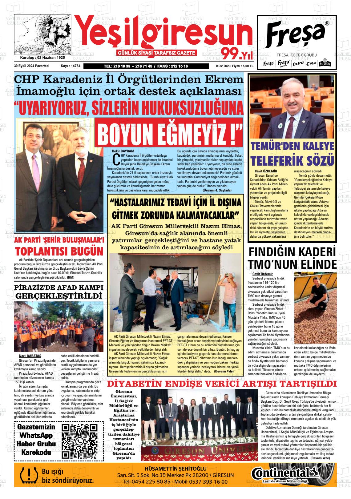 30 Eylül 2024 Yeşil Giresun Gazete Manşeti