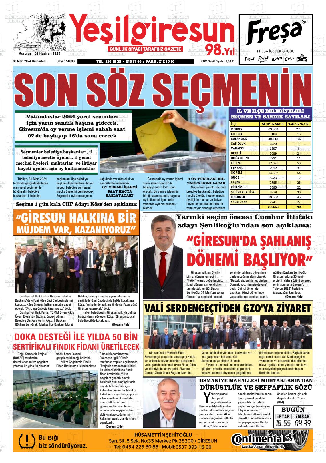 30 Mart 2024 Yeşil Giresun Gazete Manşeti