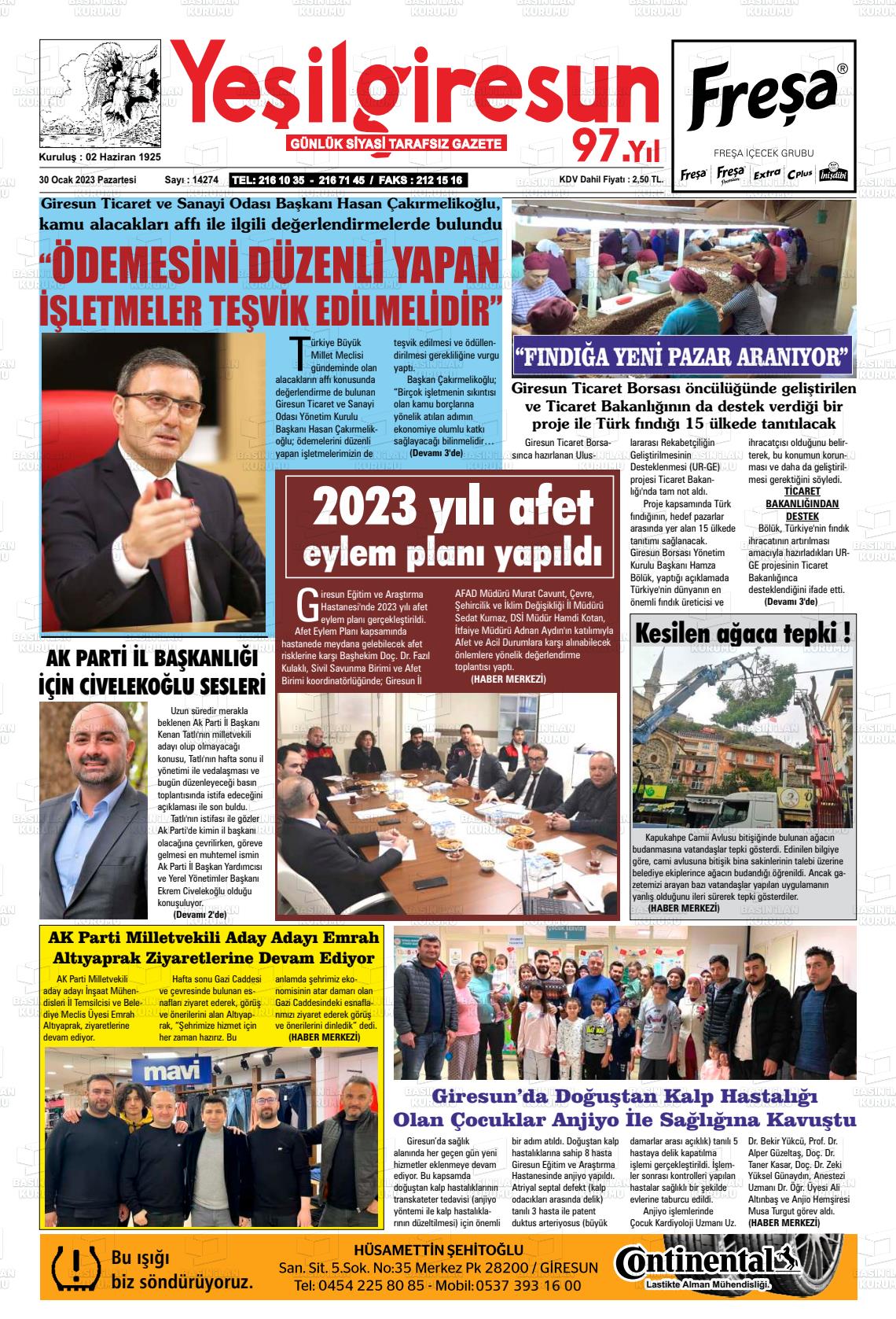 30 Ocak 2023 Yeşil Giresun Gazete Manşeti