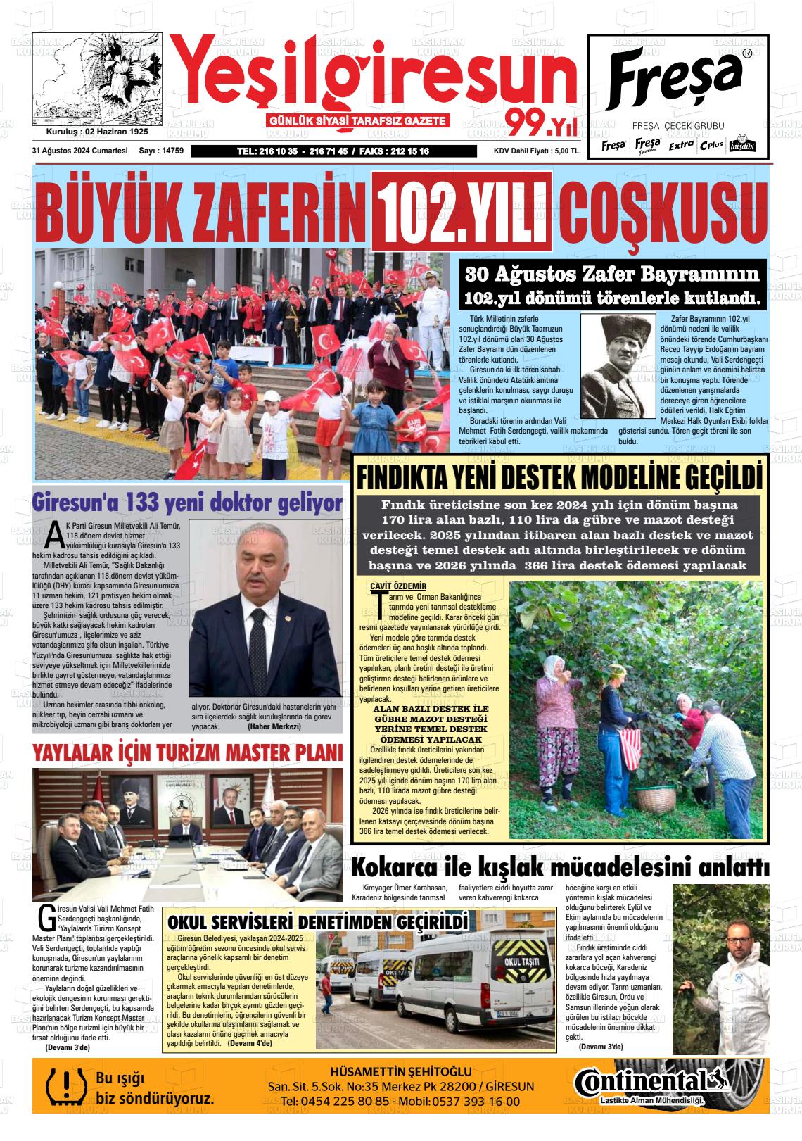 31 Ağustos 2024 Yeşil Giresun Gazete Manşeti