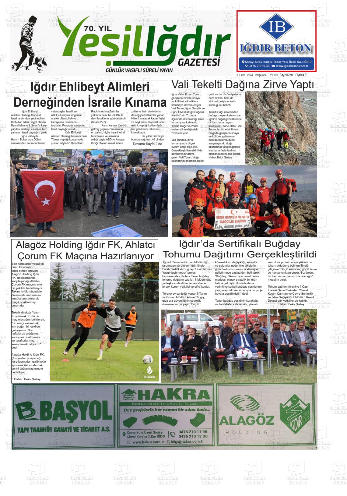 03 Ekim 2024 Yeşil Iğdır Gazete Manşeti