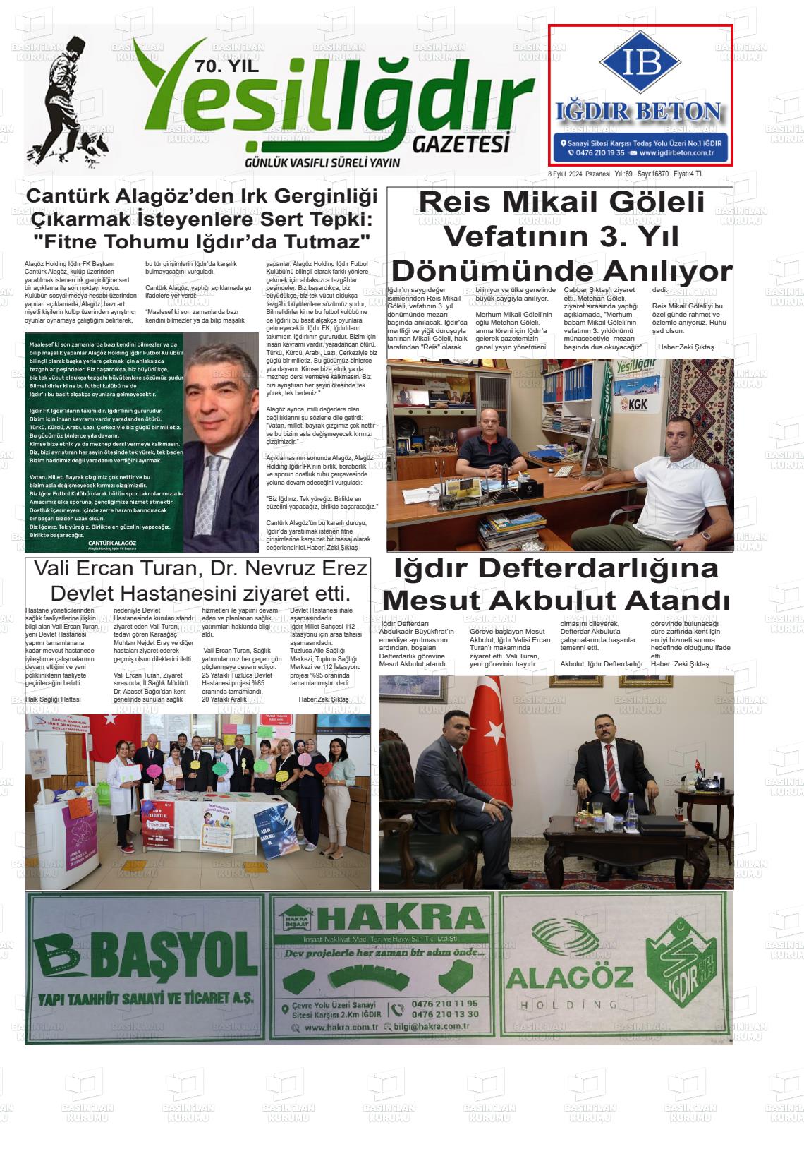 09 Eylül 2024 Yeşil Iğdır Gazete Manşeti