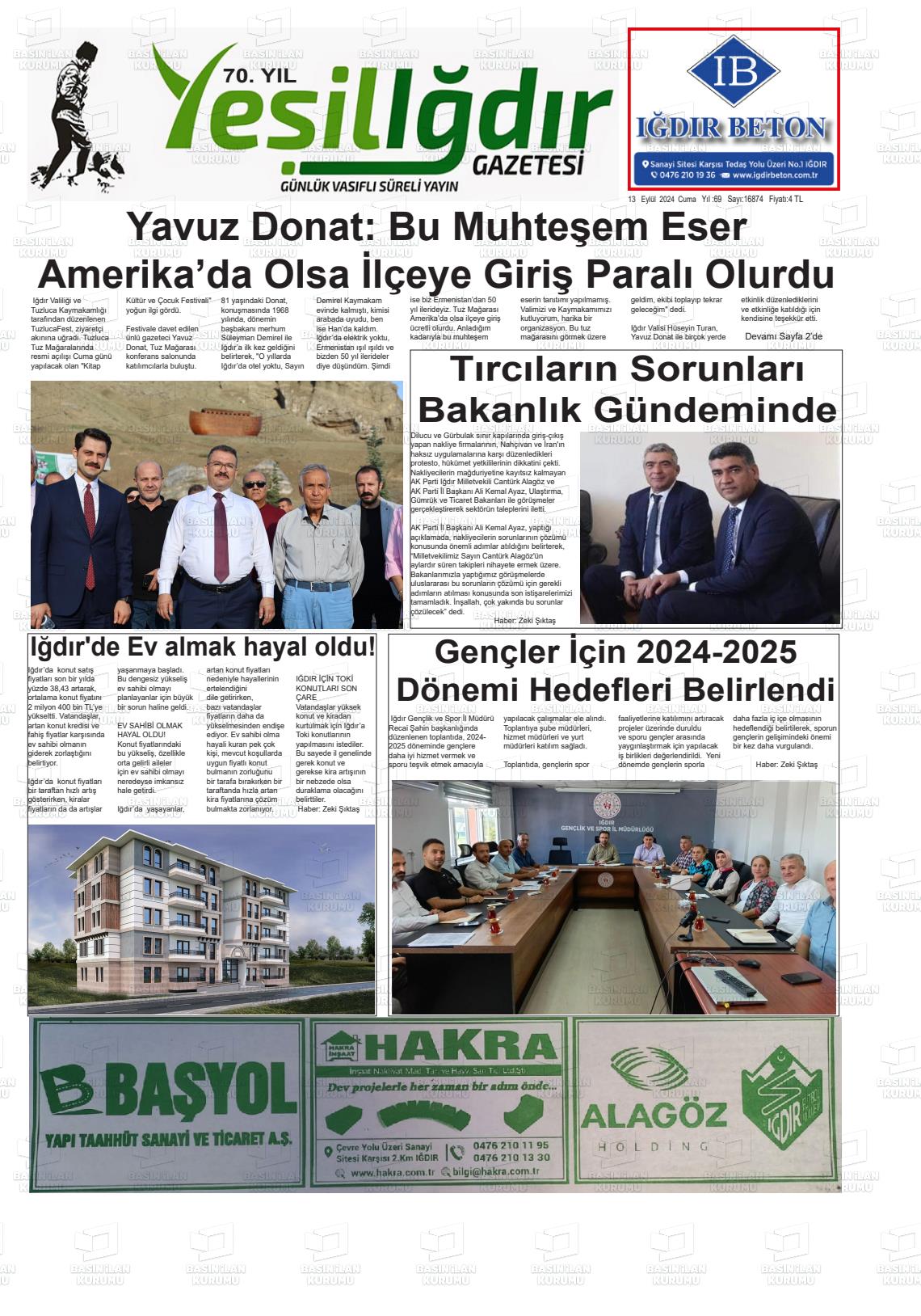 13 Eylül 2024 Yeşil Iğdır Gazete Manşeti