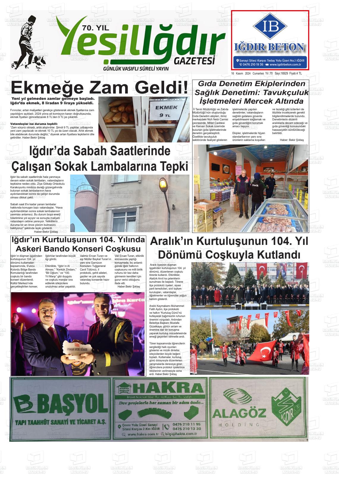 16 Kasım 2024 Yeşil Iğdır Gazete Manşeti