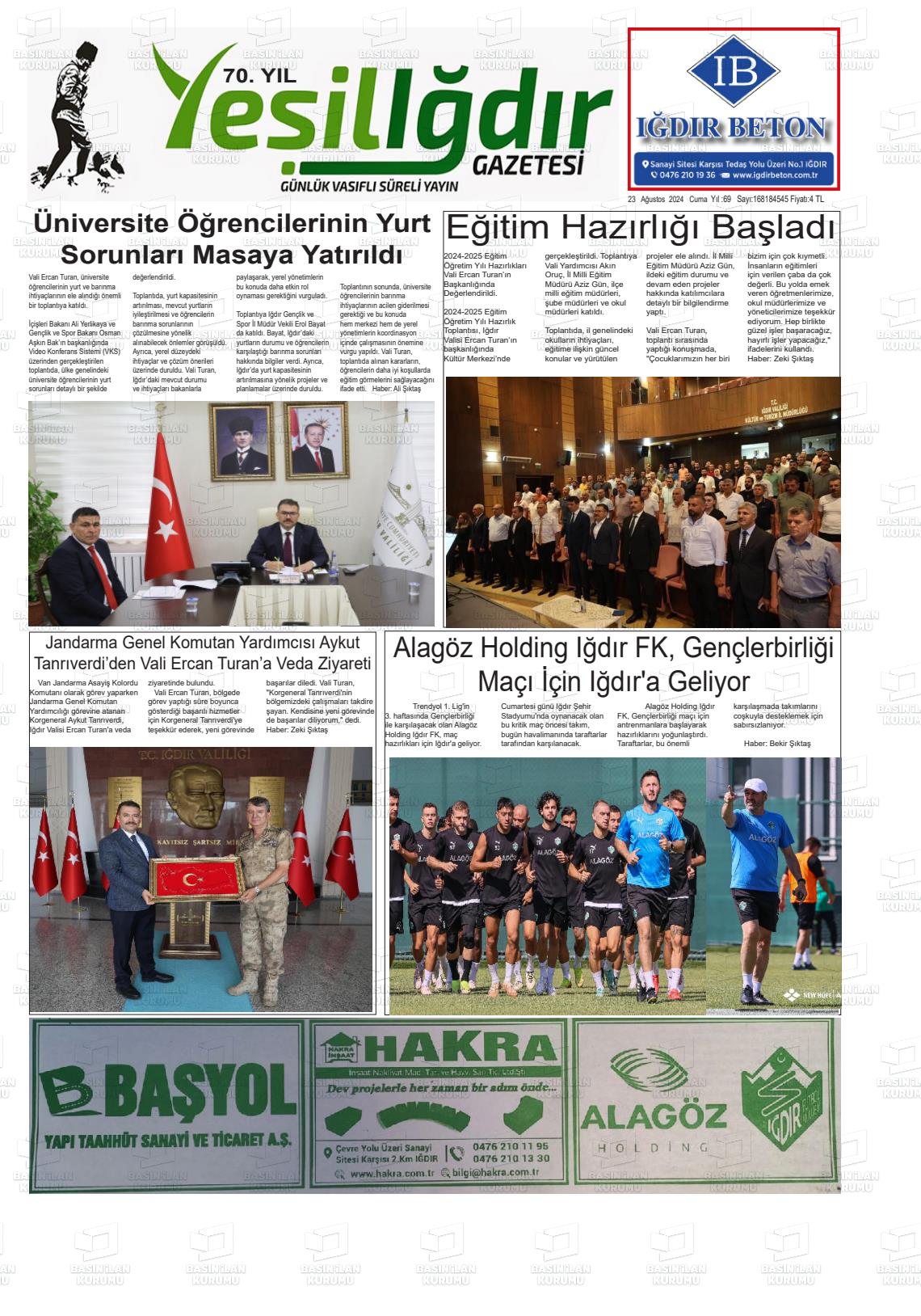 23 Ağustos 2024 Yeşil Iğdır Gazete Manşeti