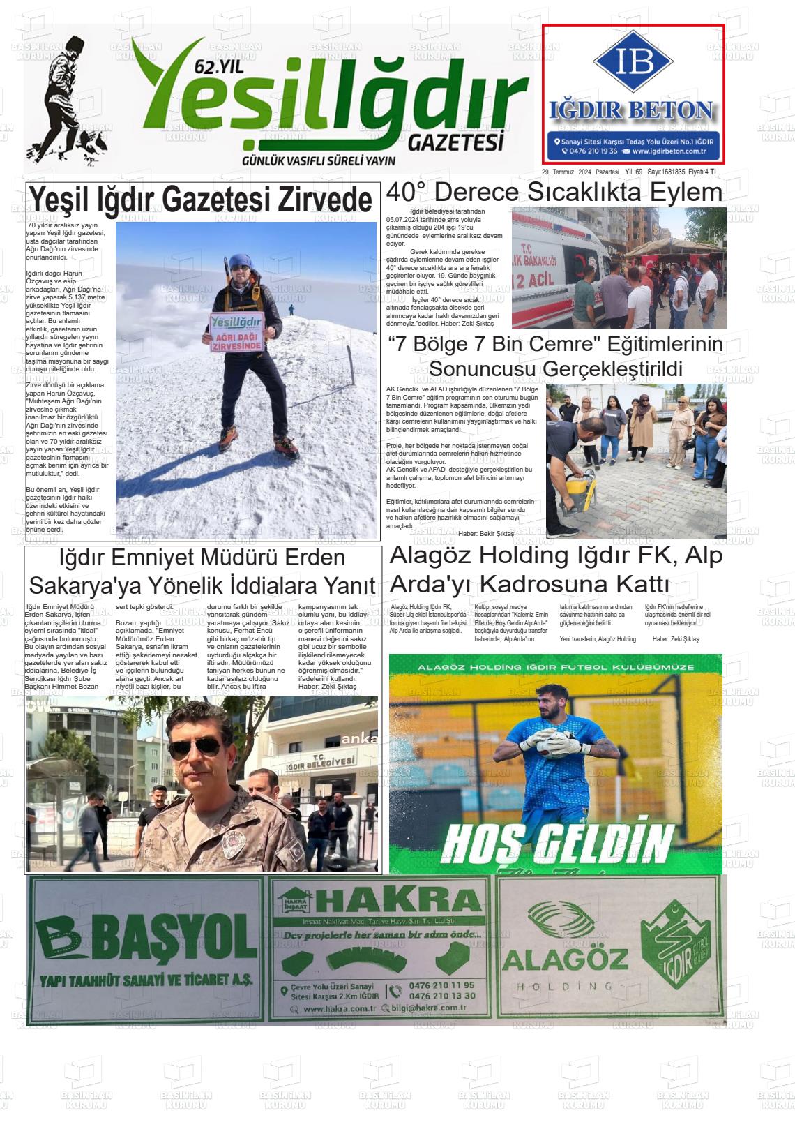 29 Temmuz 2024 Yeşil Iğdır Gazete Manşeti