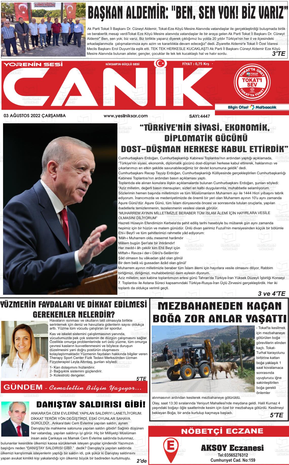 03 Ağustos 2022 Yeşil Niksar Gazete Manşeti