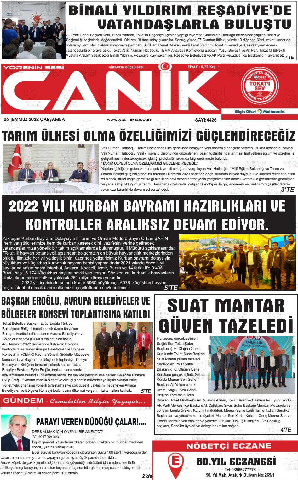 06 Temmuz 2022 Yeşil Niksar Gazete Manşeti