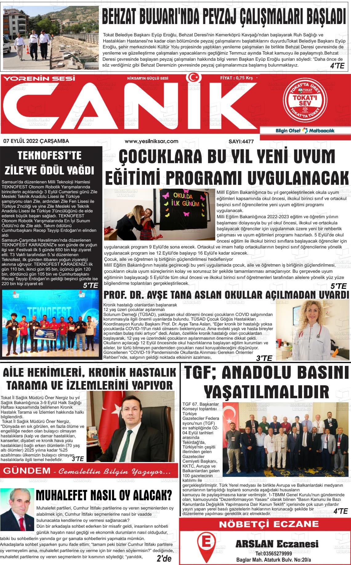 07 Eylül 2022 Yeşil Niksar Gazete Manşeti