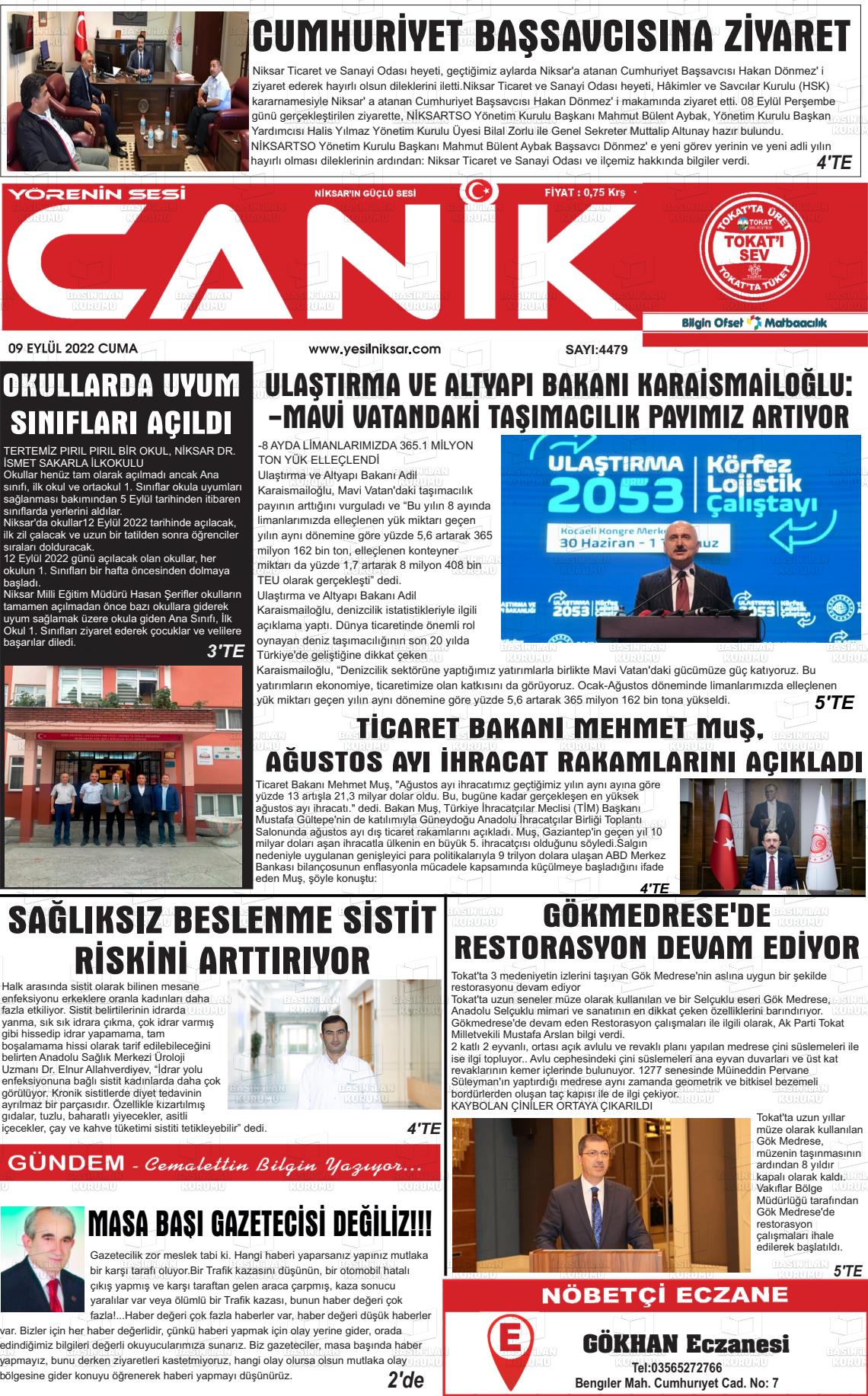 09 Eylül 2022 Yeşil Niksar Gazete Manşeti