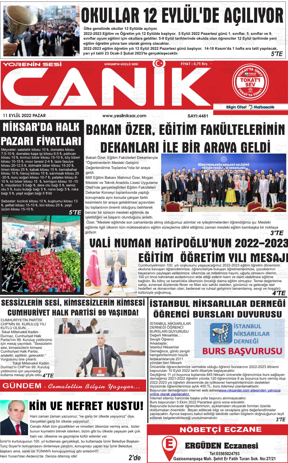 11 Eylül 2022 Yeşil Niksar Gazete Manşeti