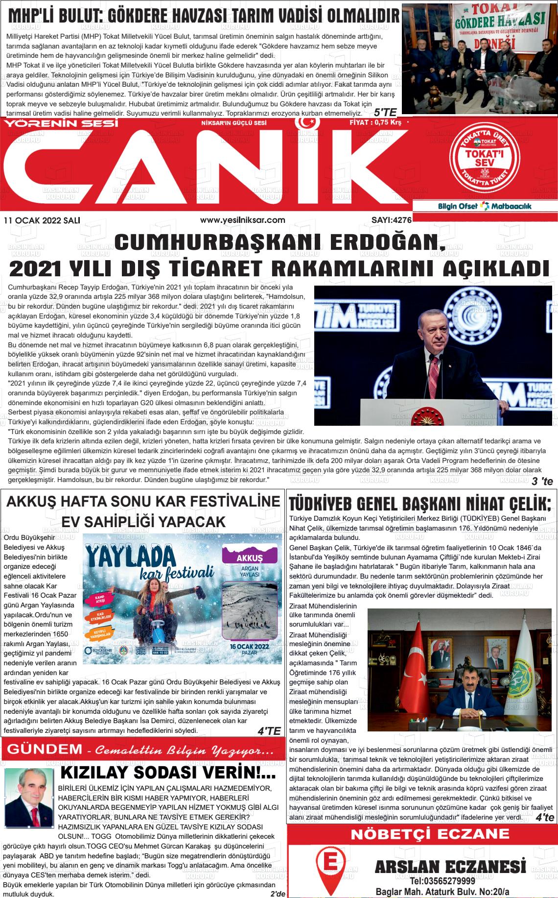 11 Ocak 2022 Yeşil Niksar Gazete Manşeti