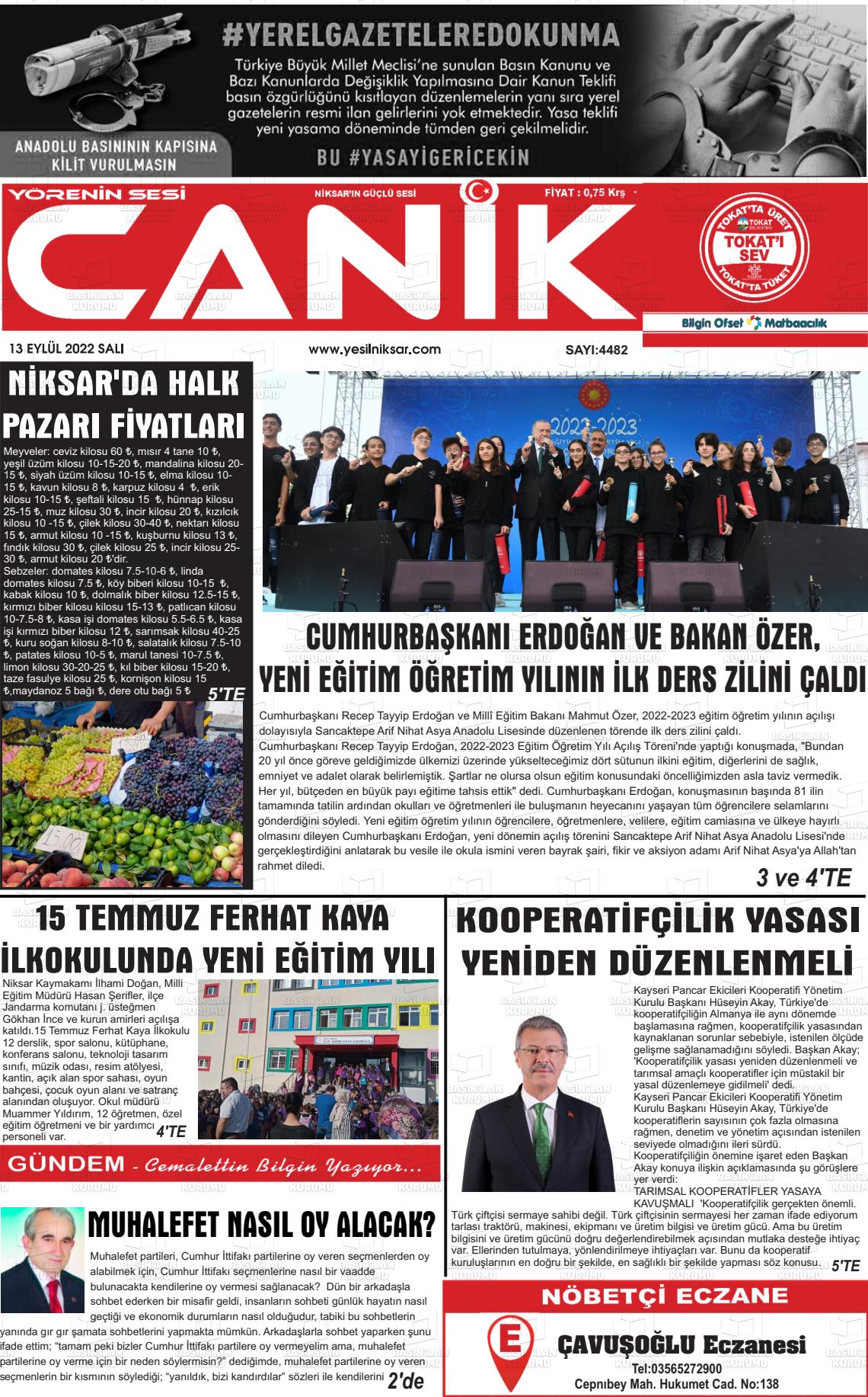 13 Eylül 2022 Yeşil Niksar Gazete Manşeti