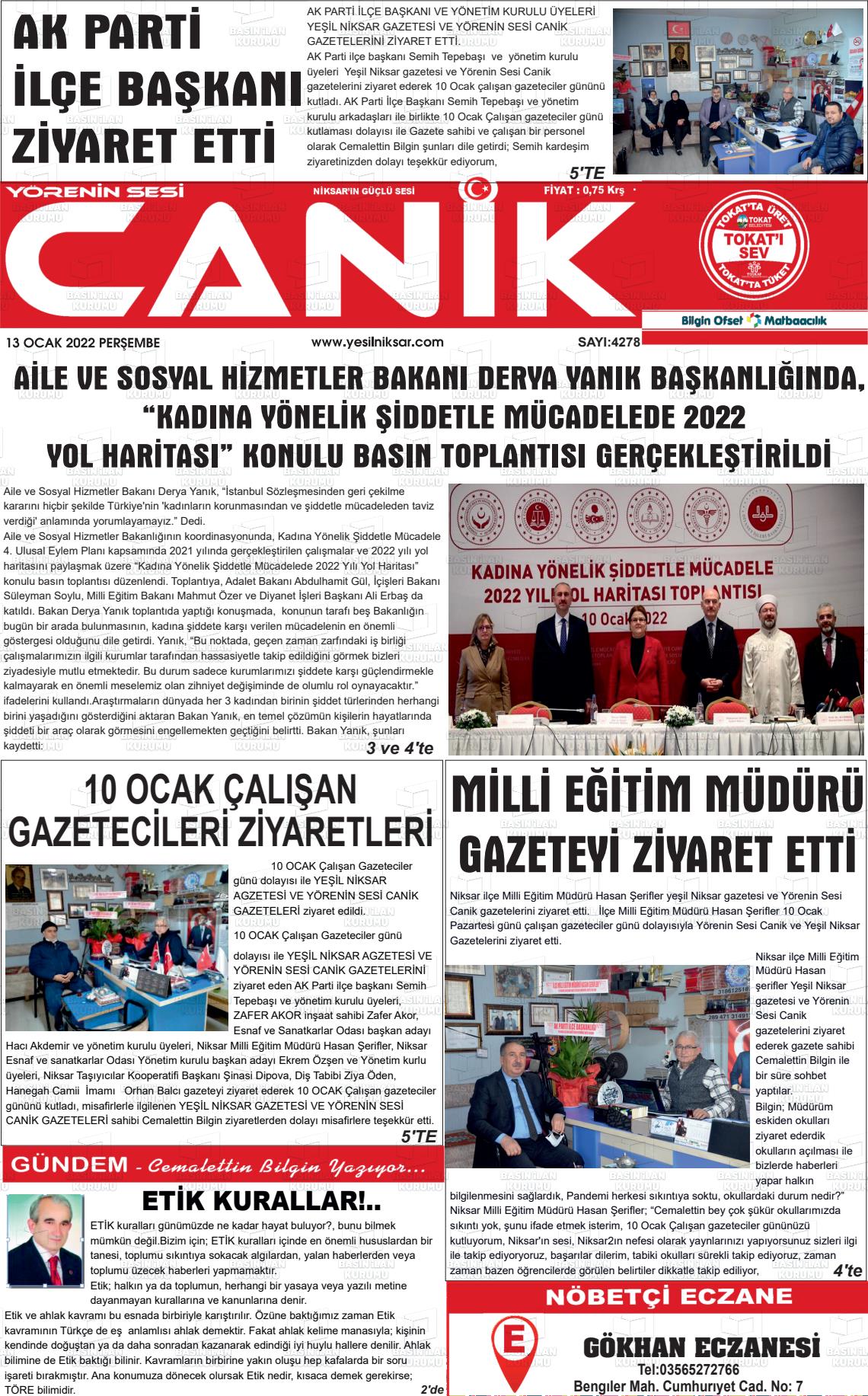 13 Ocak 2022 Yeşil Niksar Gazete Manşeti