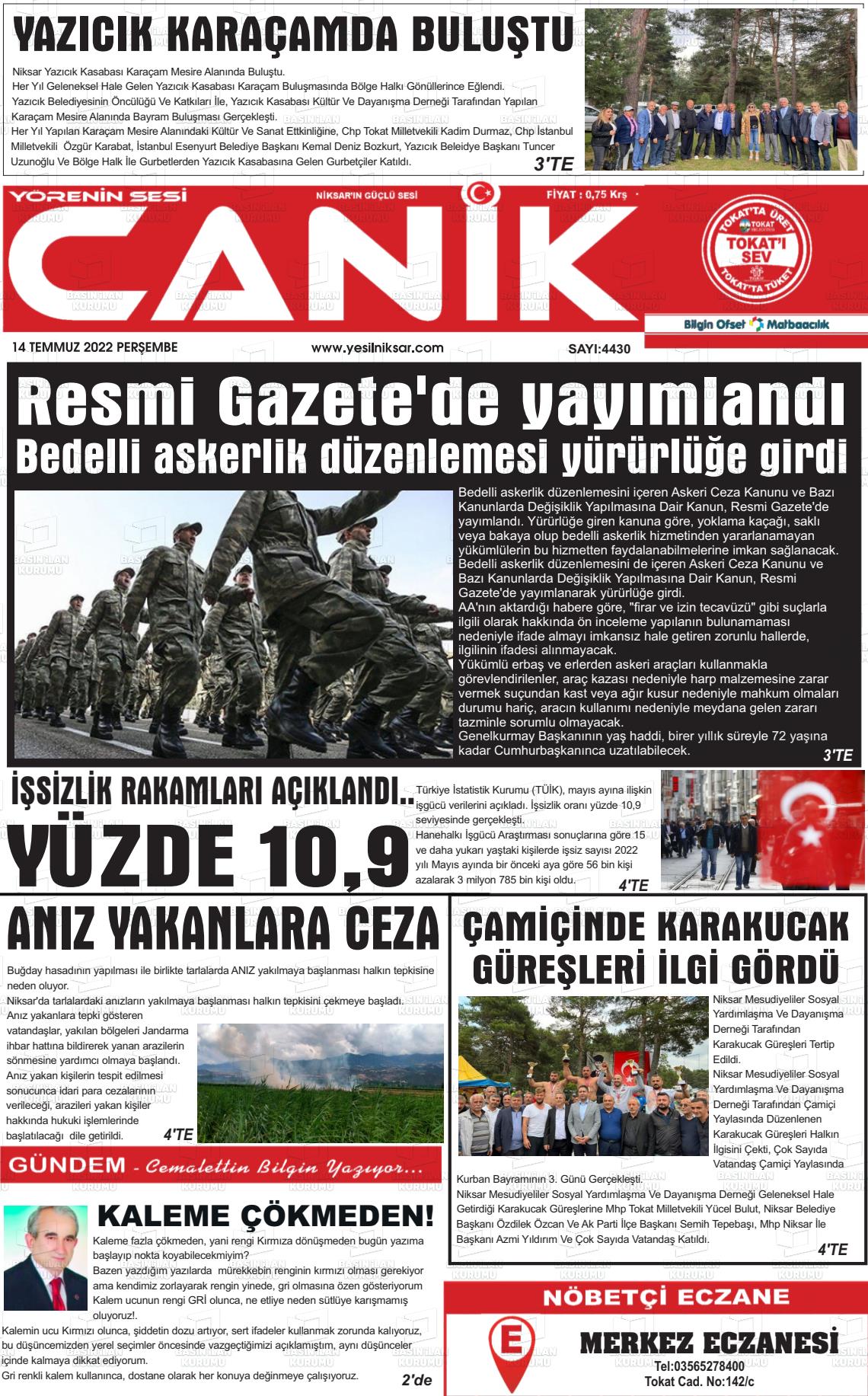 14 Temmuz 2022 Yeşil Niksar Gazete Manşeti