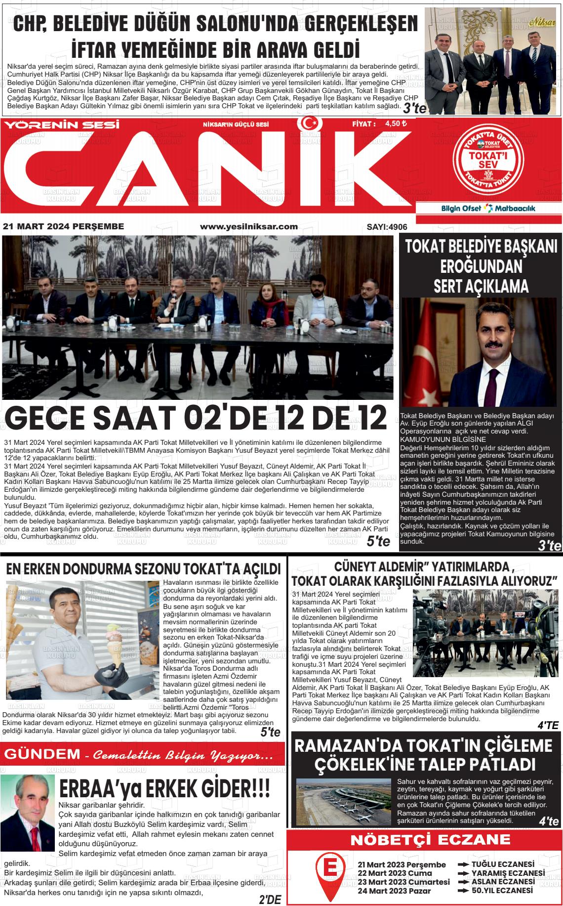 21 Mart 2024 Yeşil Niksar Gazete Manşeti