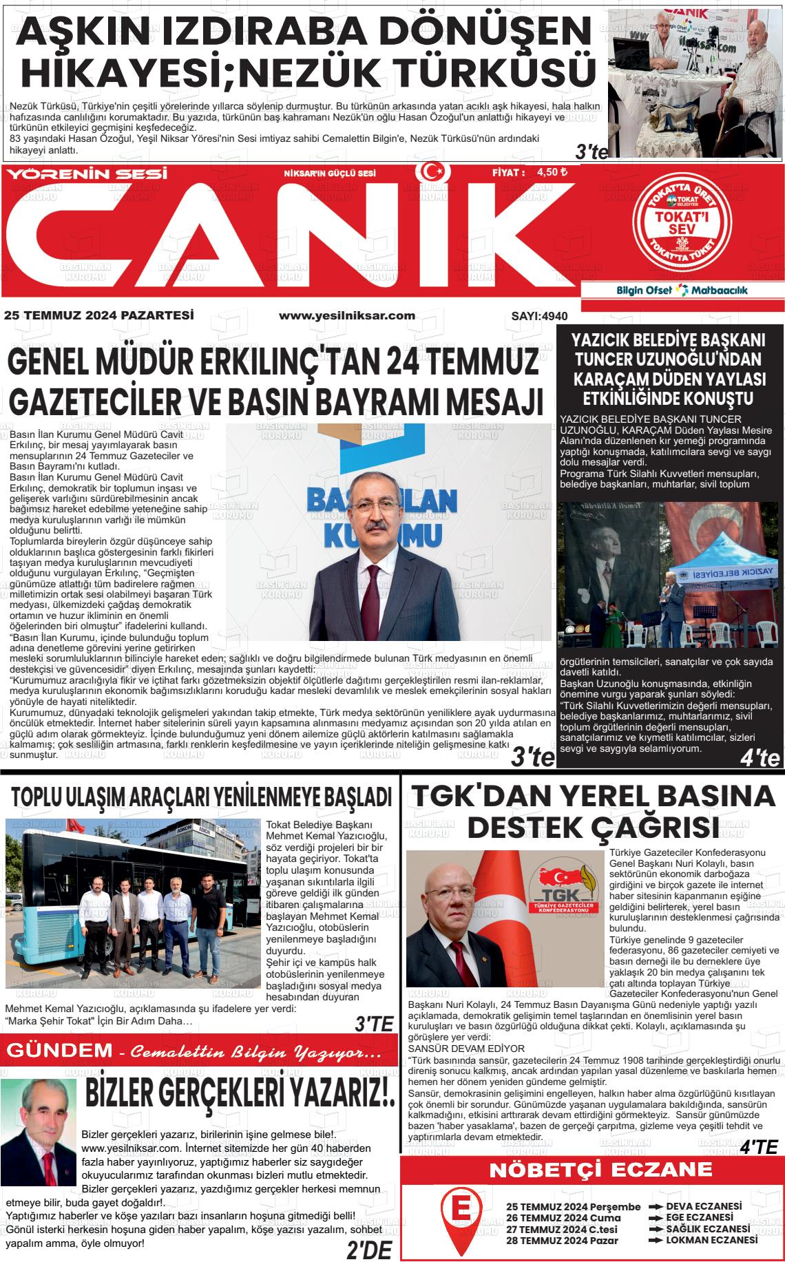 25 Temmuz 2024 Yeşil Niksar Gazete Manşeti