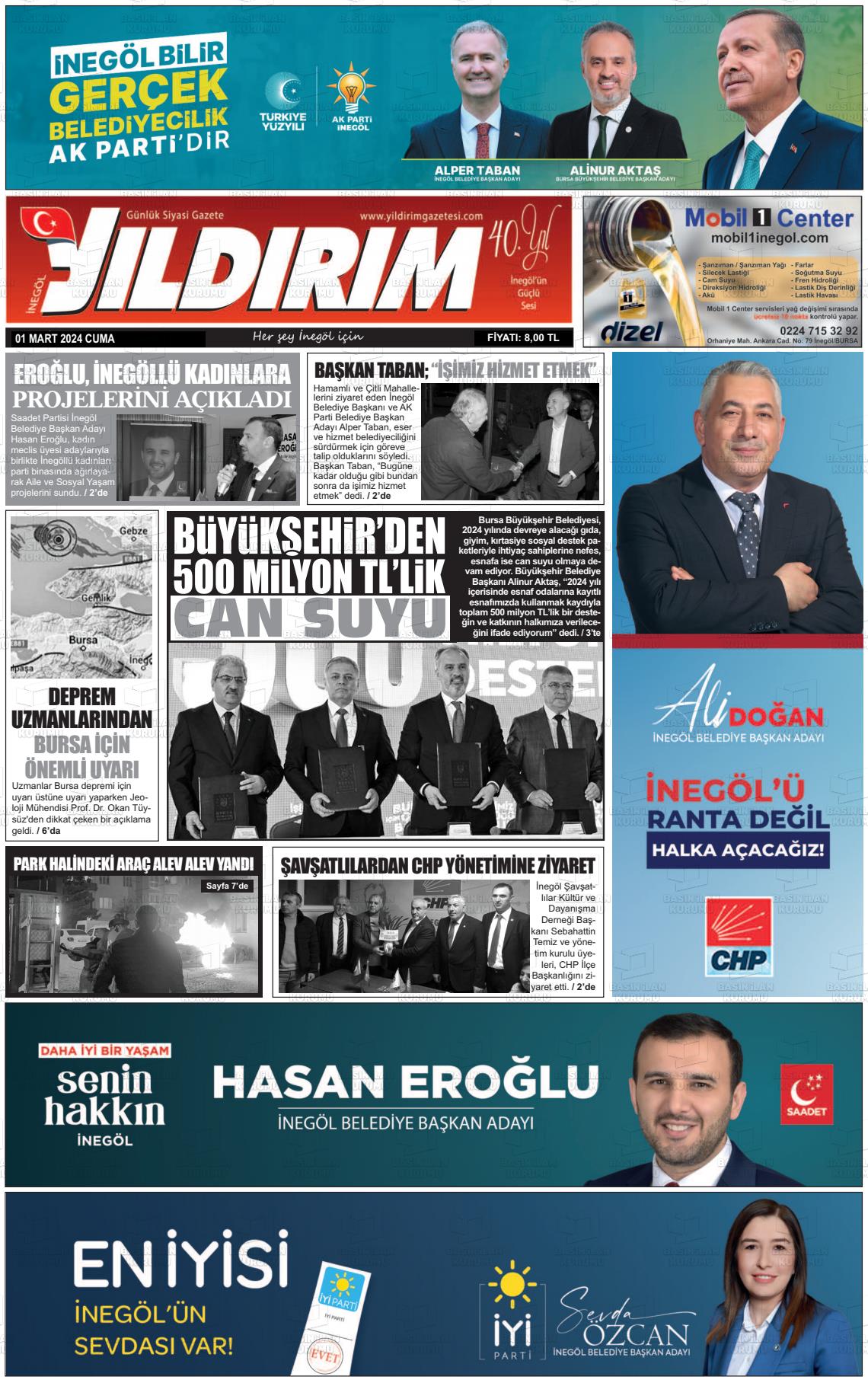 01 Mart 2024 Yildirim Gazete Manşeti