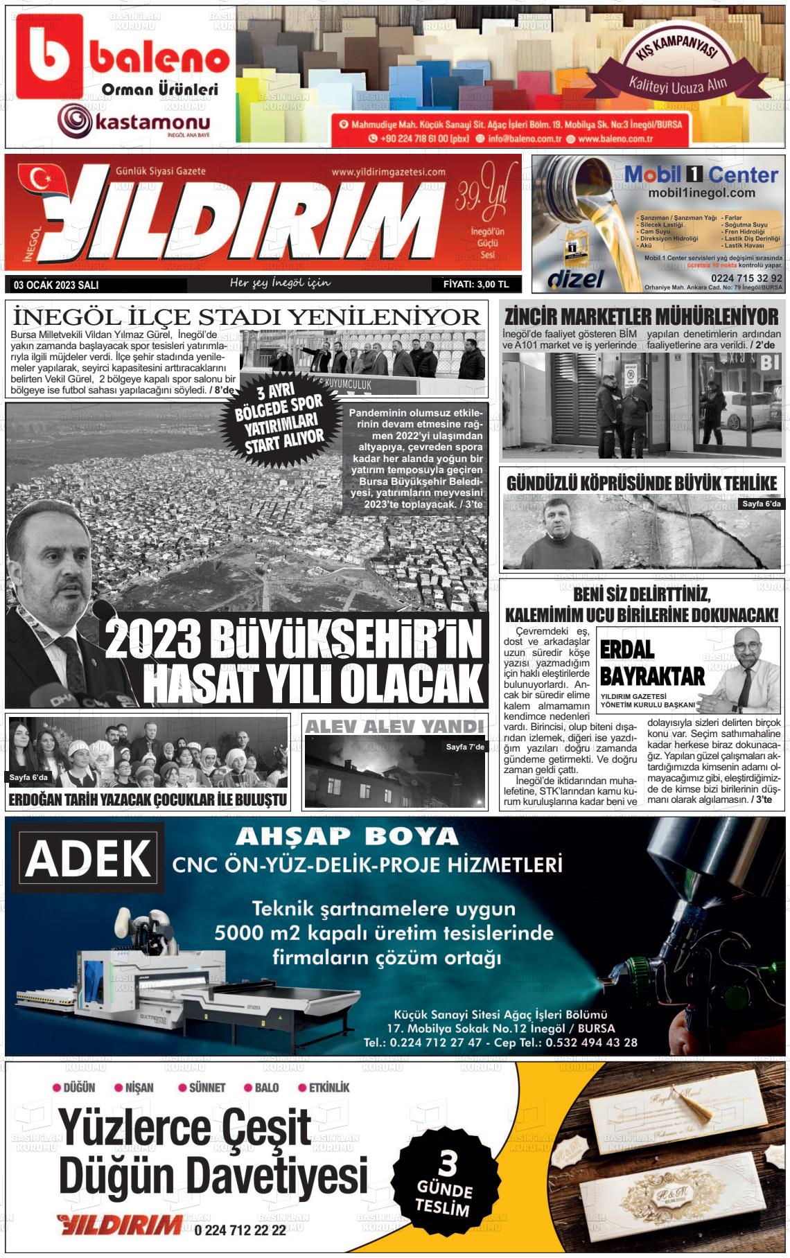 03 Ocak 2023 Yildirim Gazete Manşeti