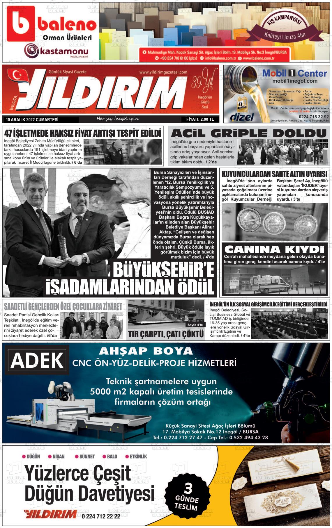 10 Aralık 2022 Yildirim Gazete Manşeti