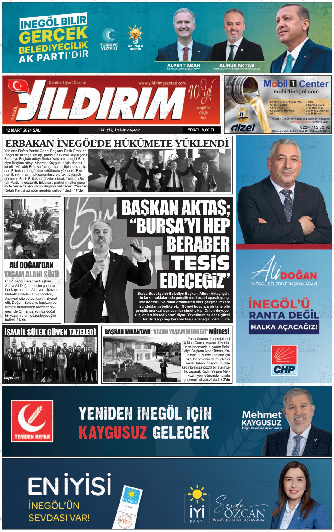 12 Mart 2024 Yildirim Gazete Manşeti