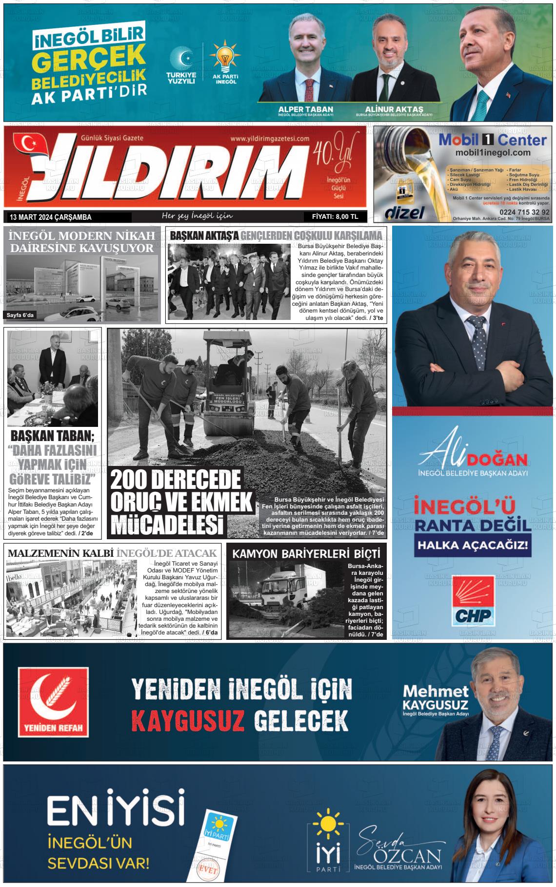 13 Mart 2024 Yildirim Gazete Manşeti