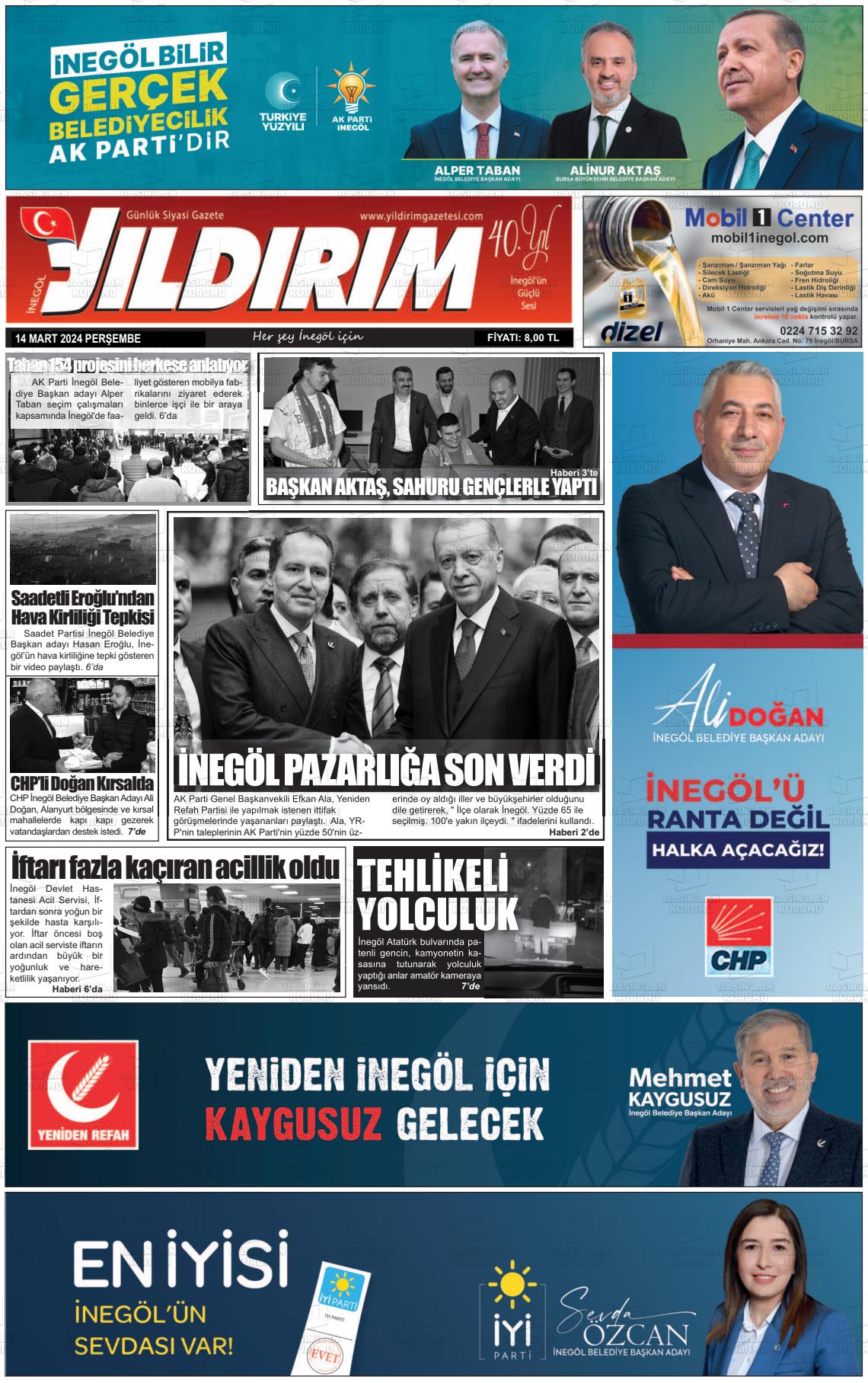 14 Mart 2024 Yildirim Gazete Manşeti