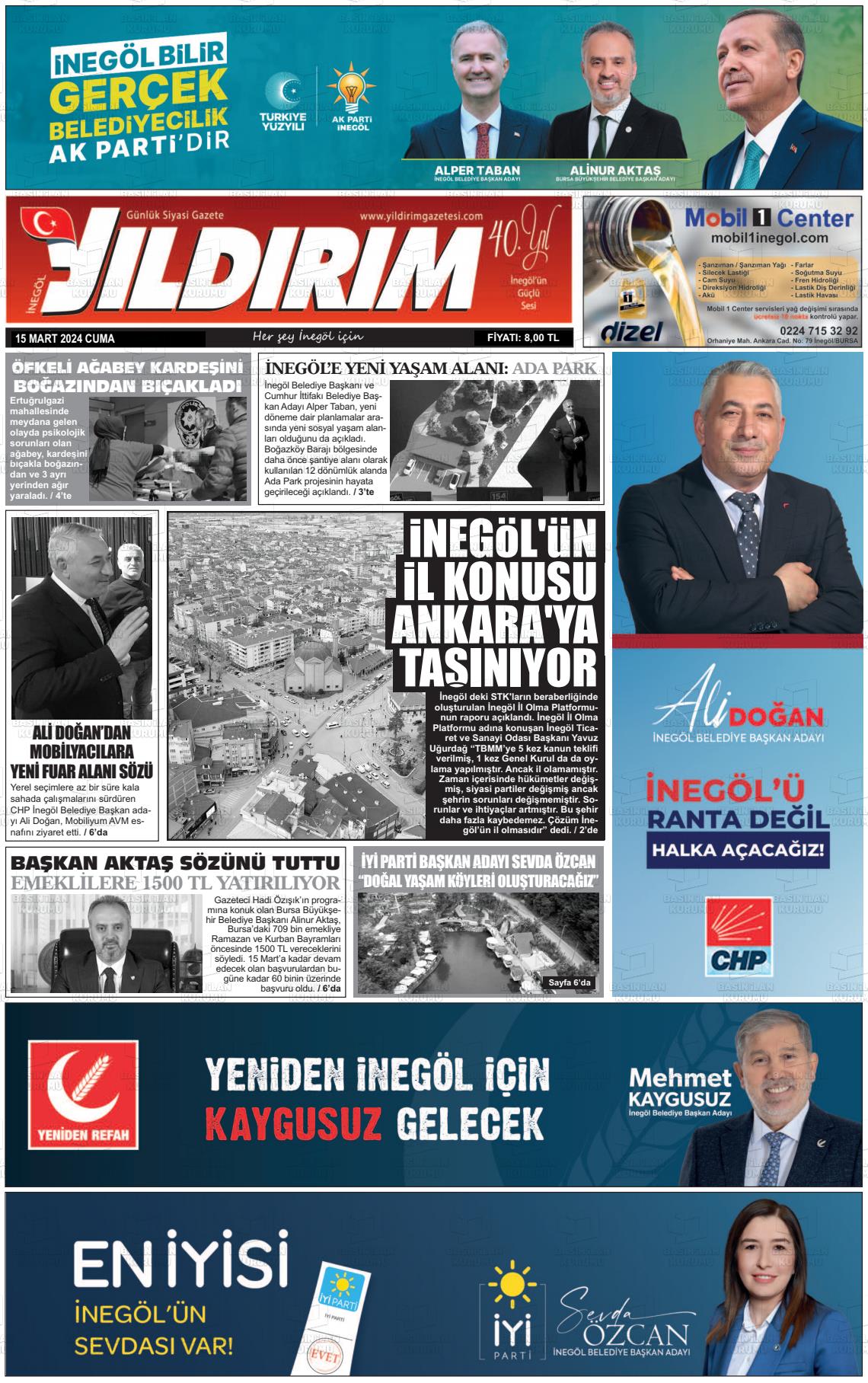 15 Mart 2024 Yildirim Gazete Manşeti