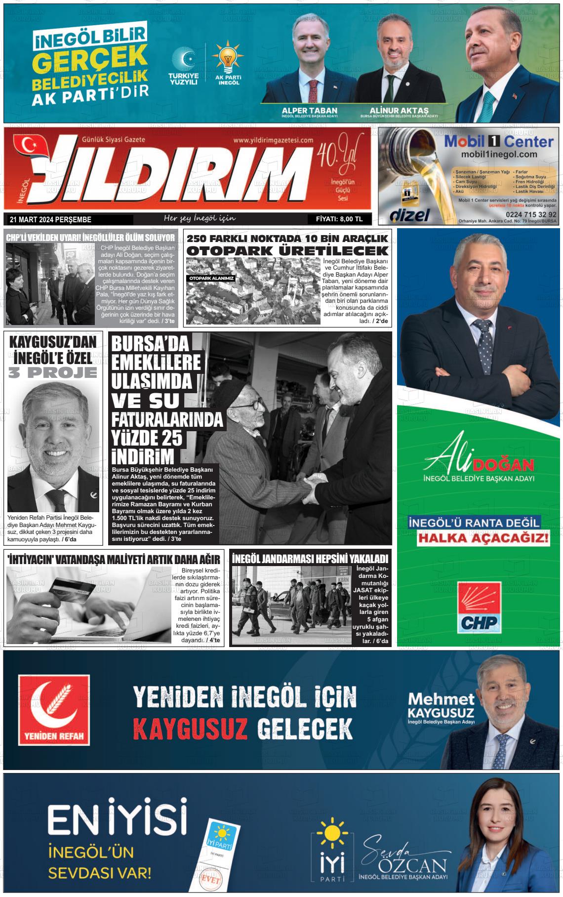 21 Mart 2024 Yildirim Gazete Manşeti