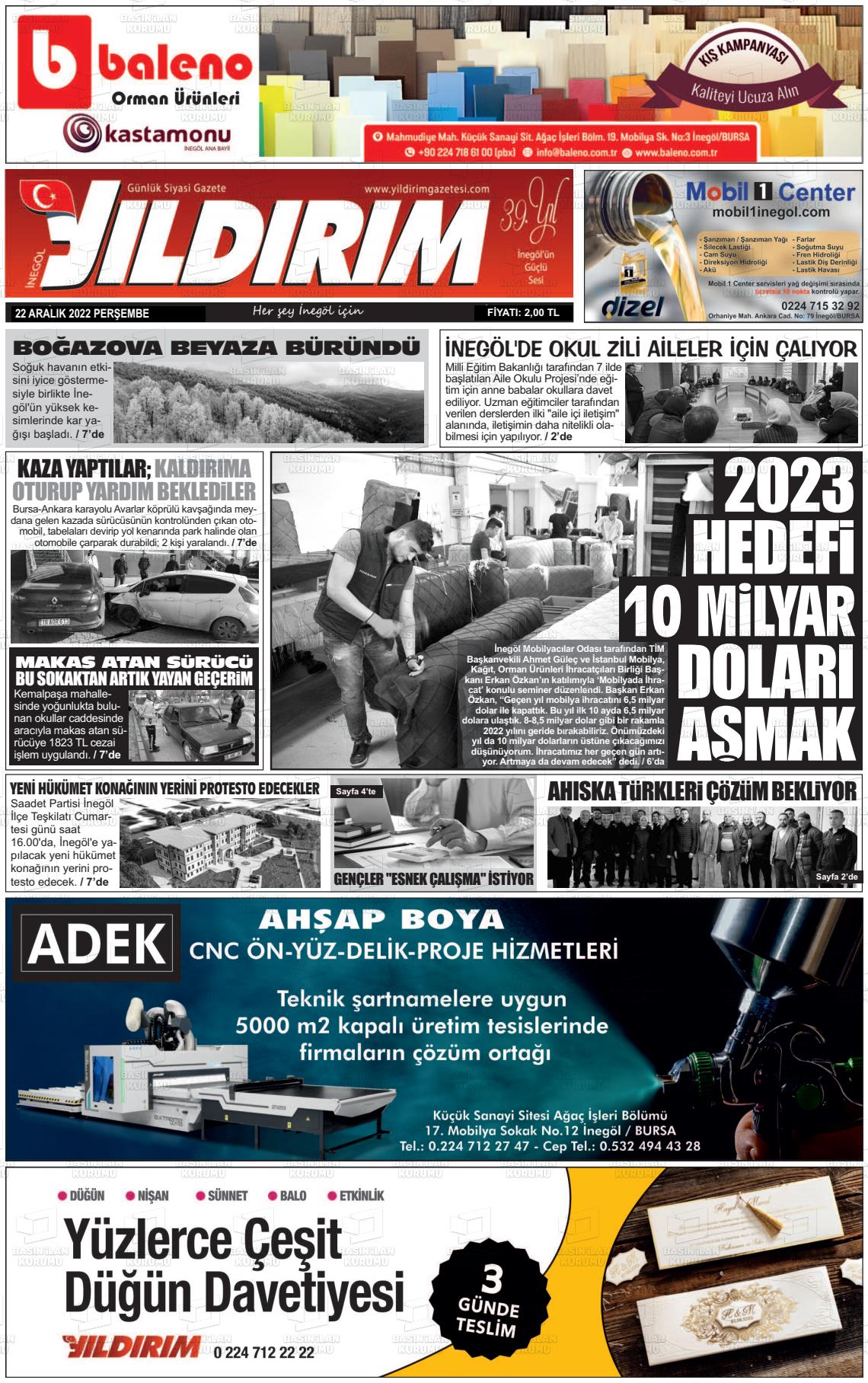 22 Aralık 2022 Yildirim Gazete Manşeti