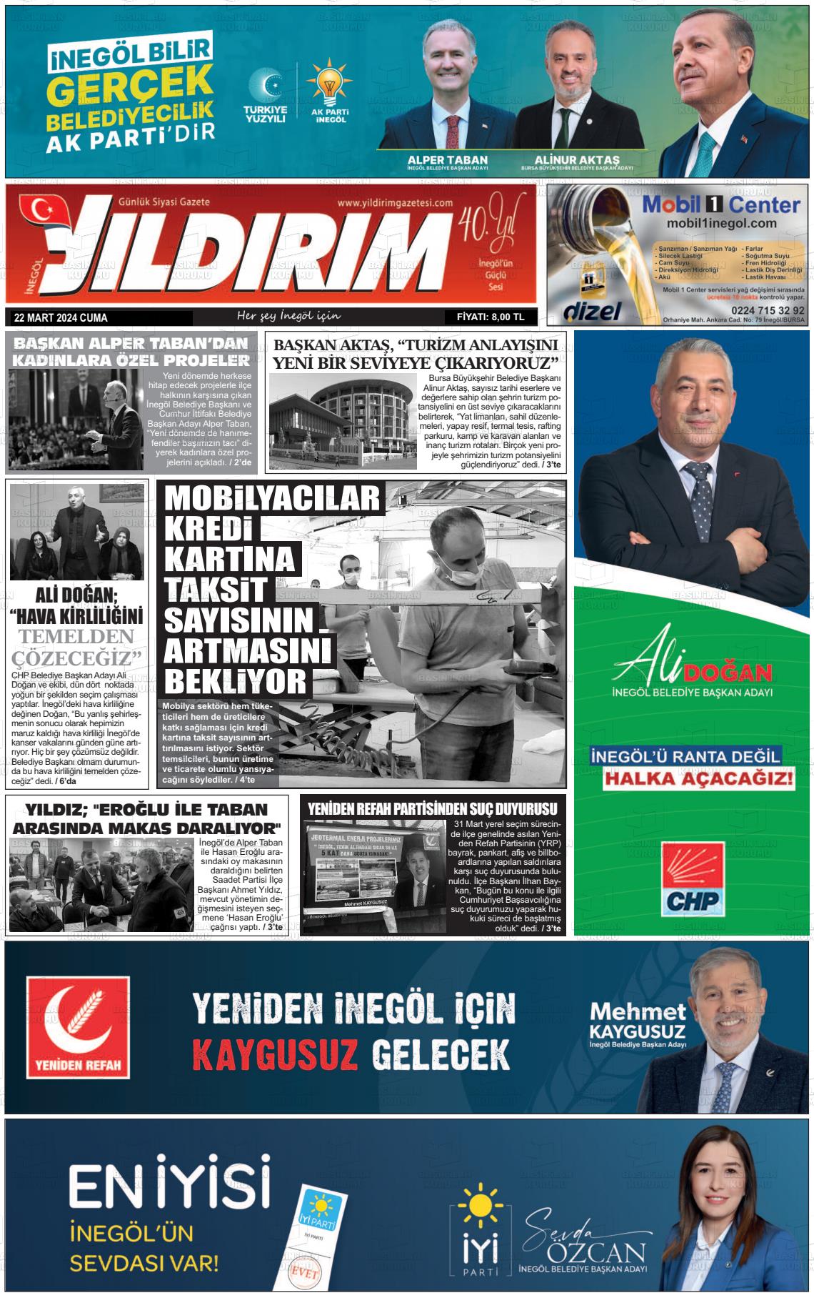 22 Mart 2024 Yildirim Gazete Manşeti