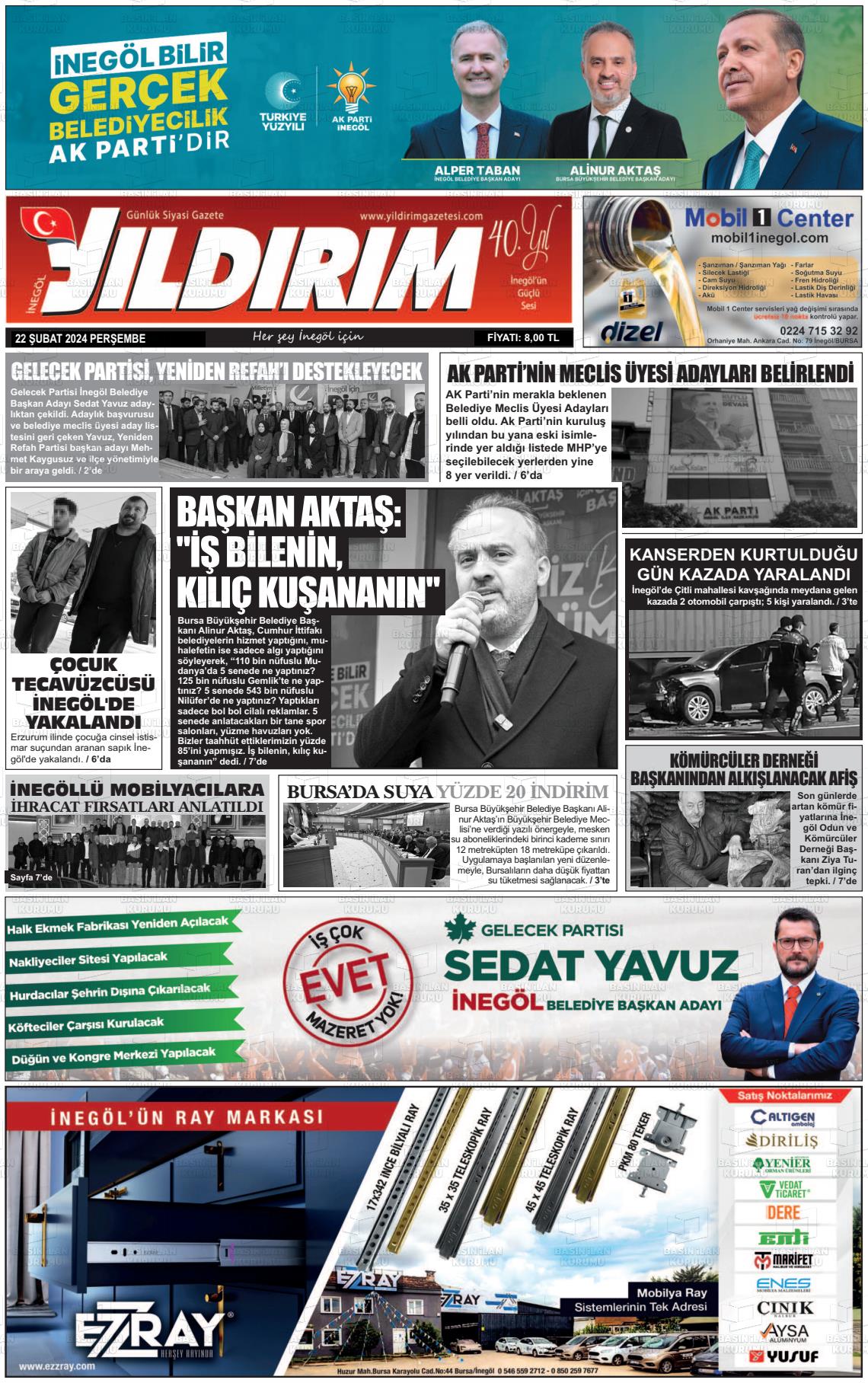 22 Şubat 2024 Yildirim Gazete Manşeti