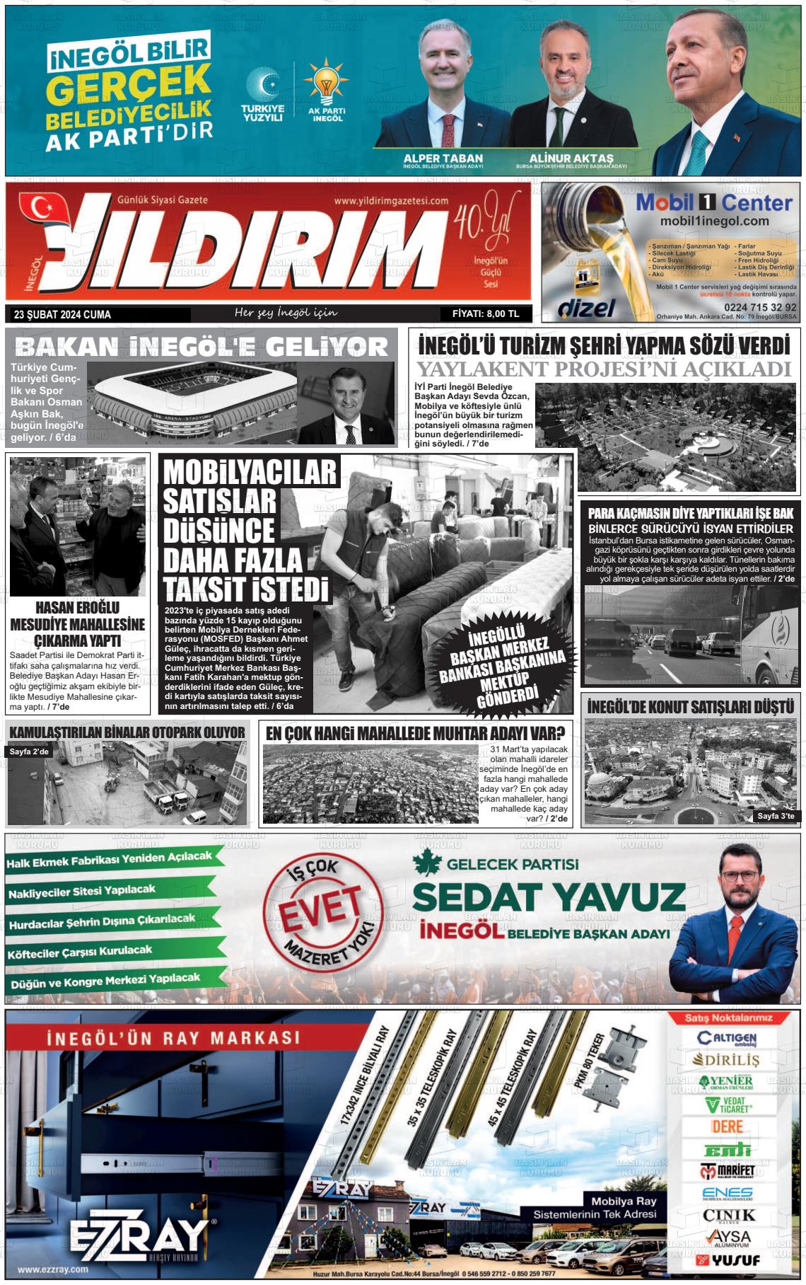 23 Şubat 2024 Yildirim Gazete Manşeti