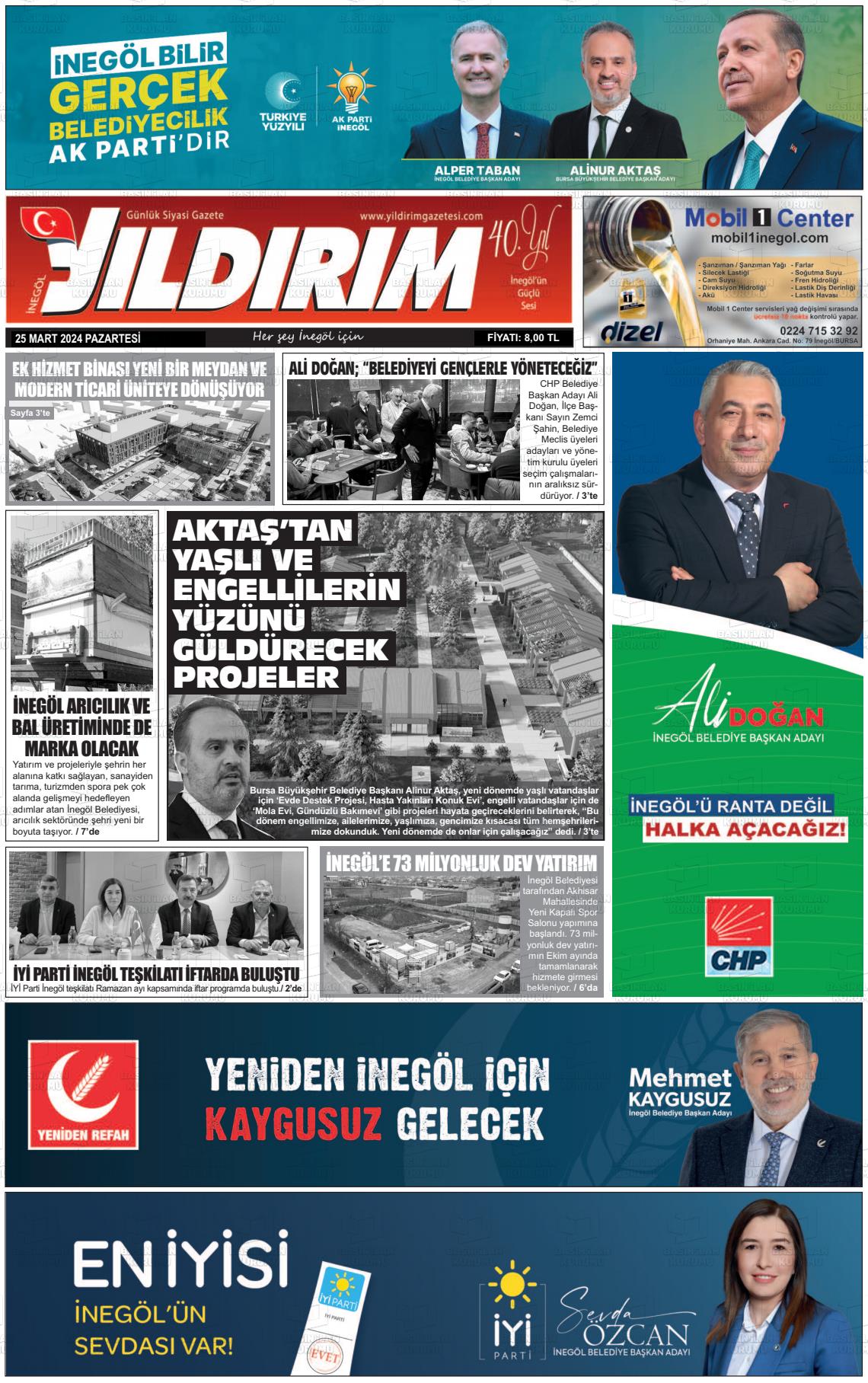 25 Mart 2024 Yildirim Gazete Manşeti