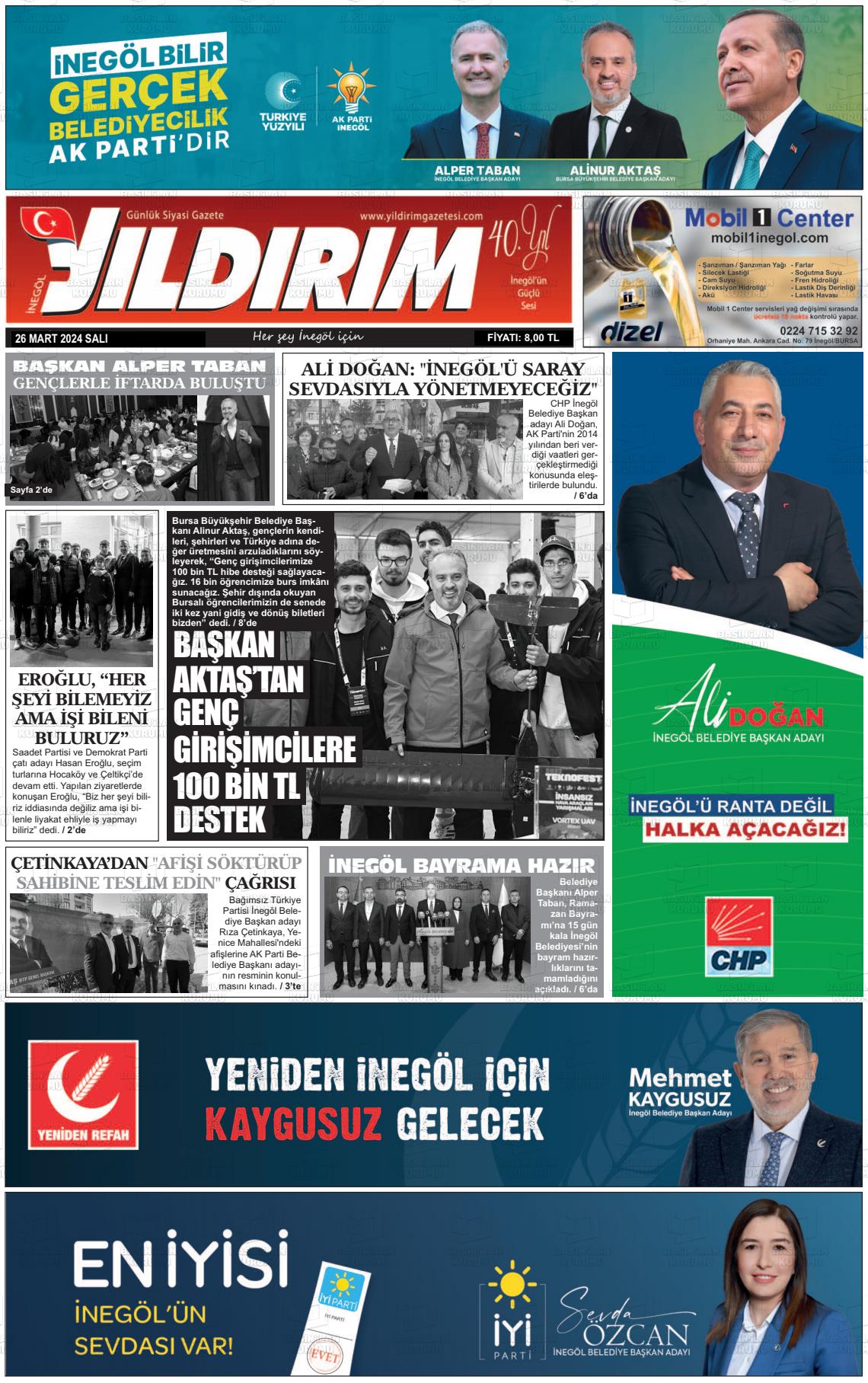 26 Mart 2024 Yildirim Gazete Manşeti