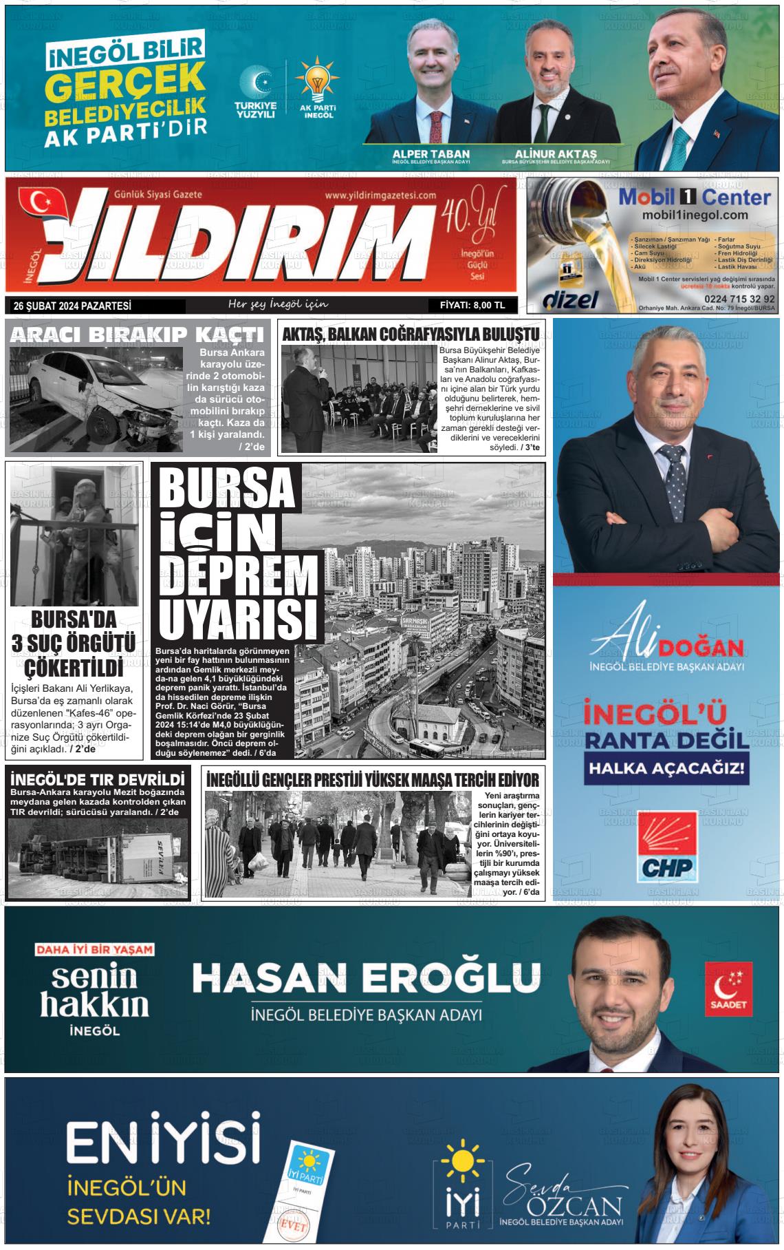 26 Şubat 2024 Yildirim Gazete Manşeti