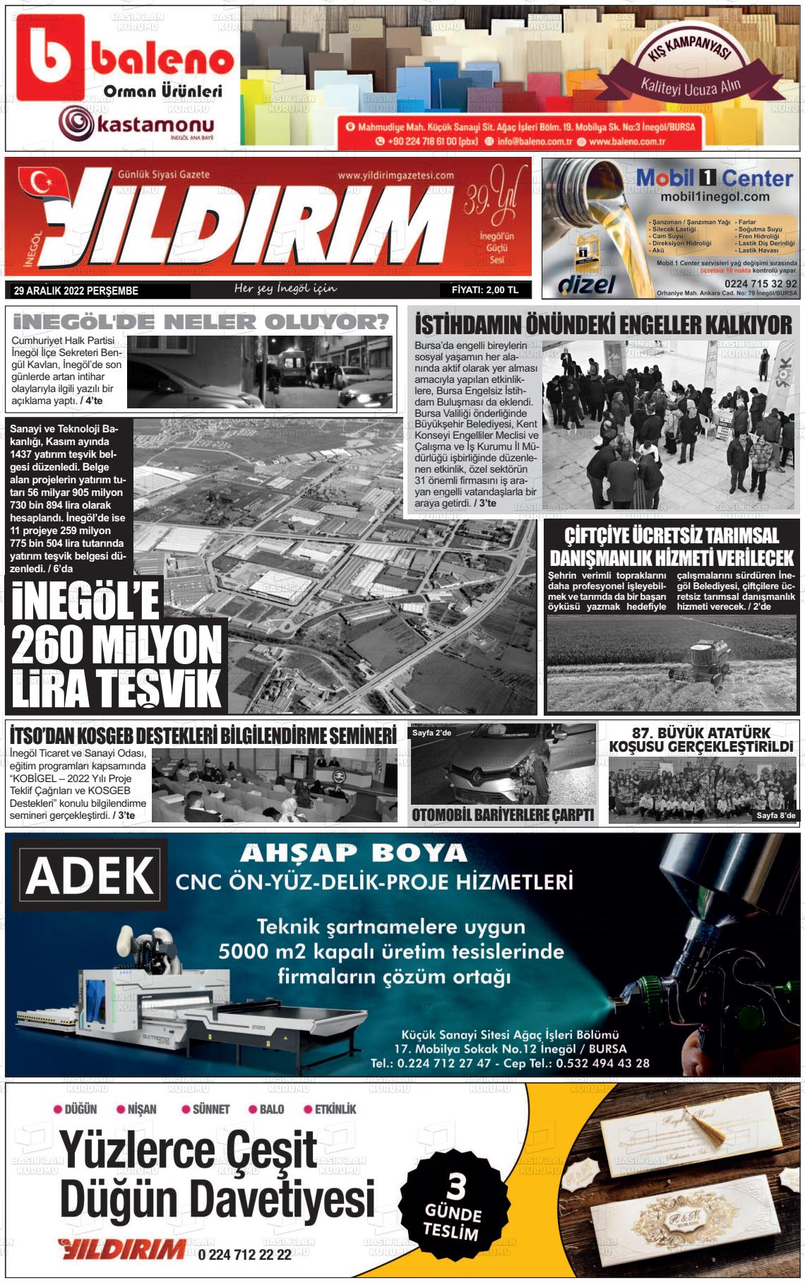 29 Aralık 2022 Yildirim Gazete Manşeti