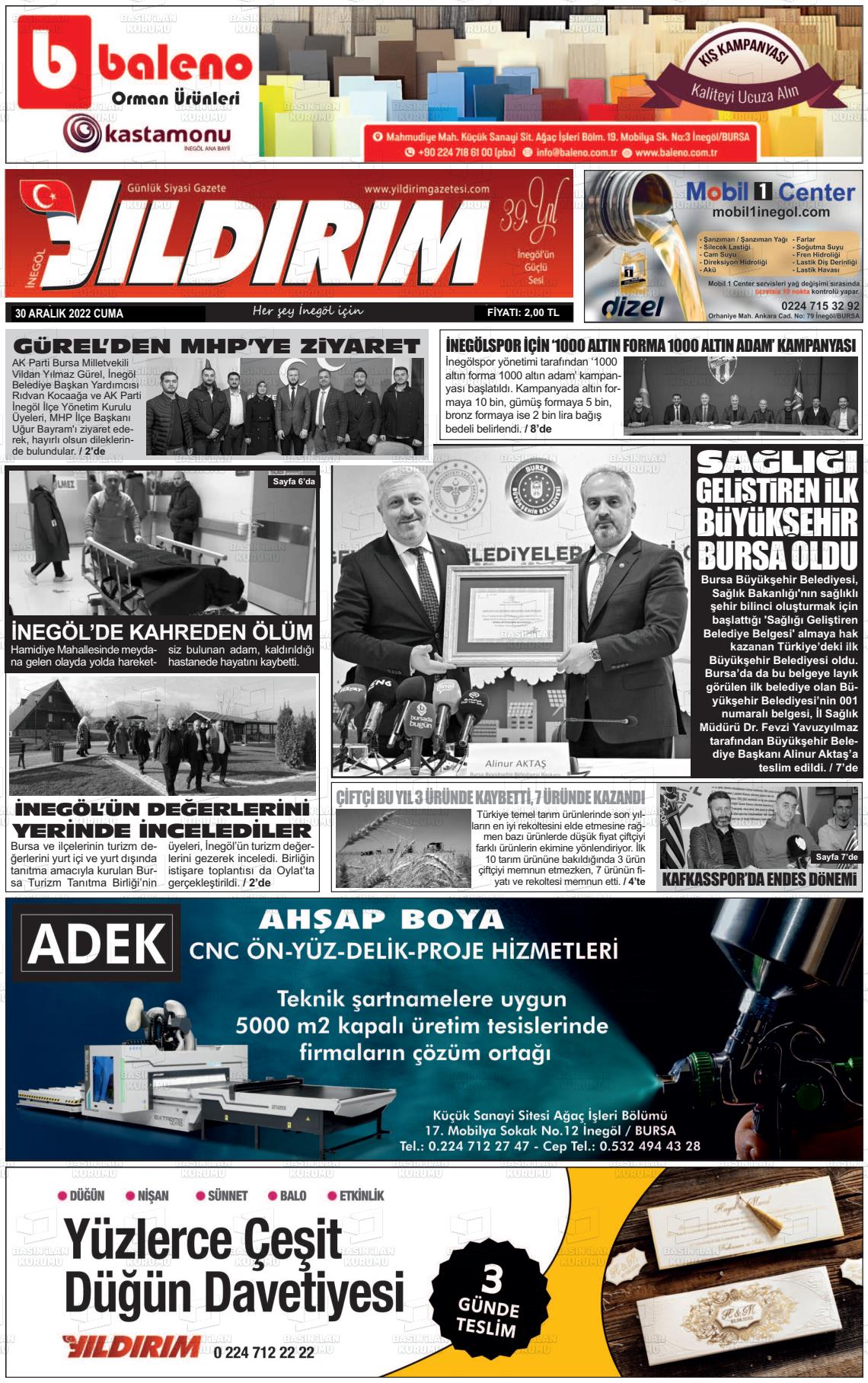 30 Aralık 2022 Yildirim Gazete Manşeti